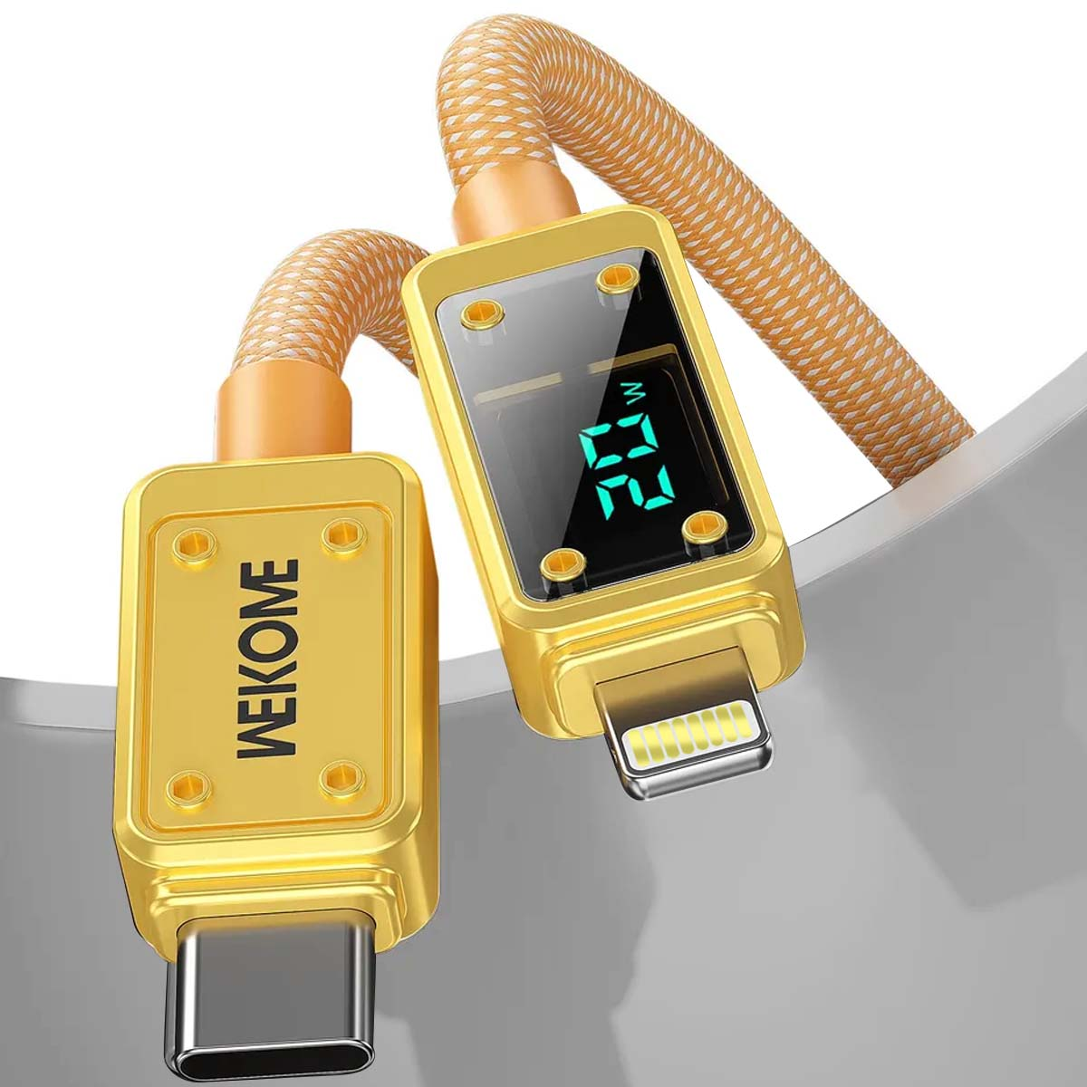 Câble doré USB-C vers Lightning avec écran numérique 20W.