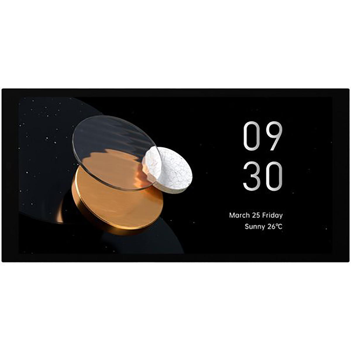 Abstrakcyjne złote i białe kształty na czarnym tle z godziną 09:30.