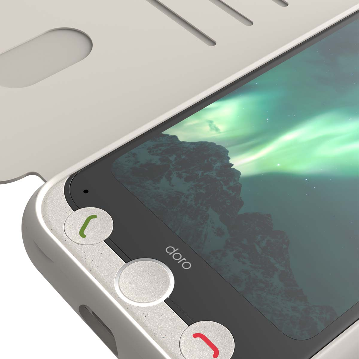 Ein weißes Doro-Telefon mit Bildschirm, der die Nordlichter zeigt.