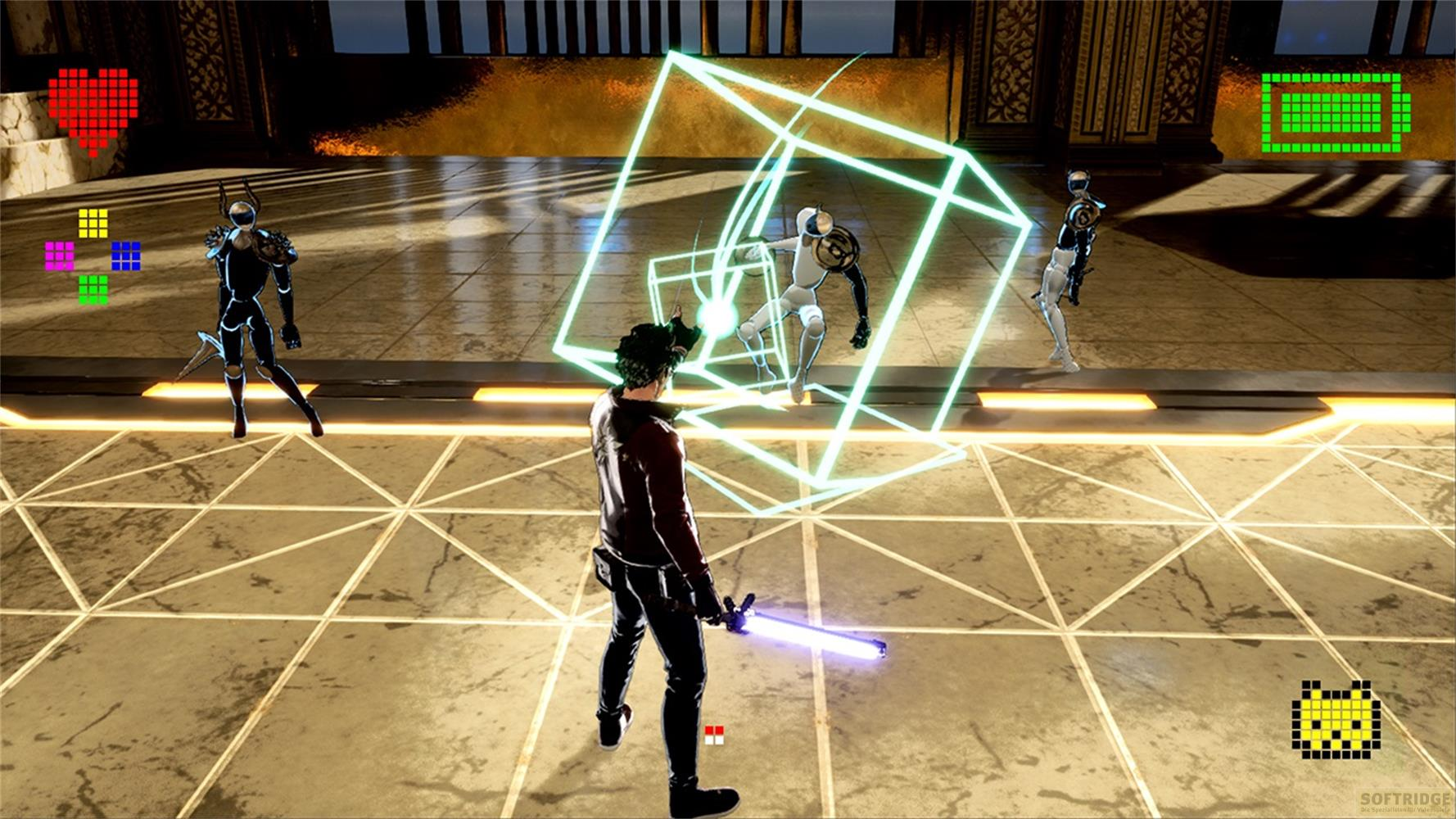Uomo con spada laser combatte robot in arena futuristica.