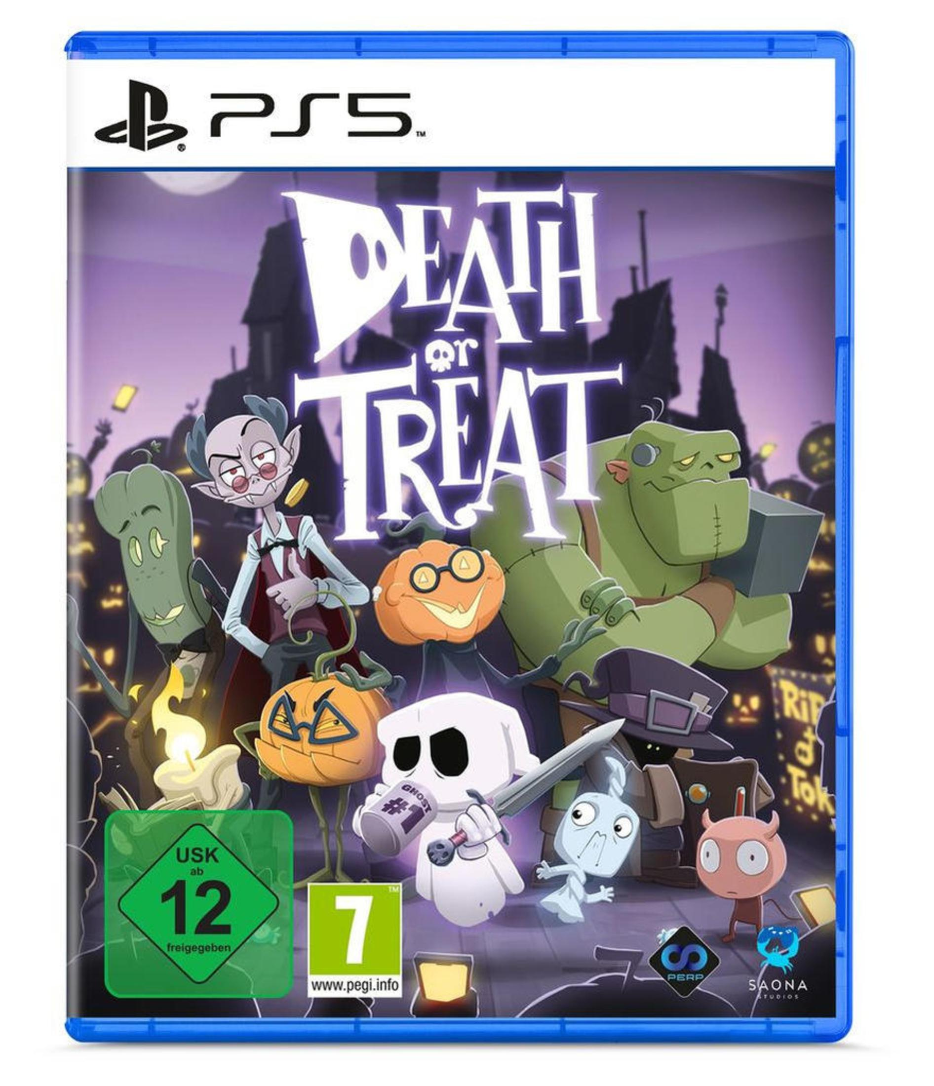 Copertina PS5 "Death or Treat" con personaggi spettrali di Halloween e classificazione USK.
