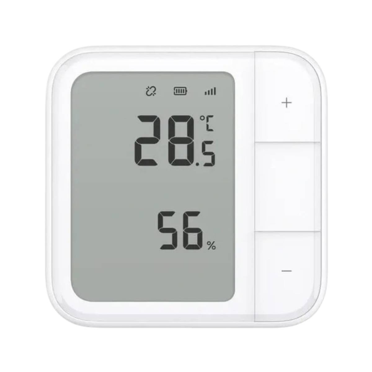 Un termometro digitale bianco mostra 28,5°C e 56% di umidità.