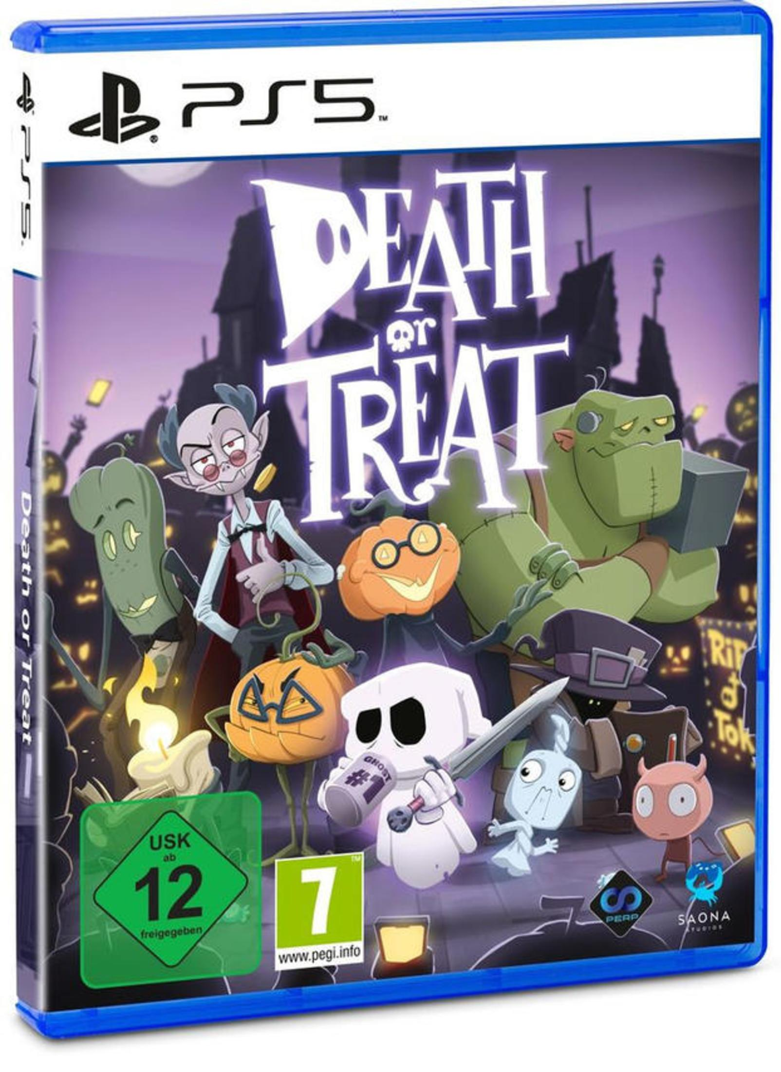 Copertina gioco PS5: Un gruppo di personaggi spettrali in stile cartone animato su cielo viola.