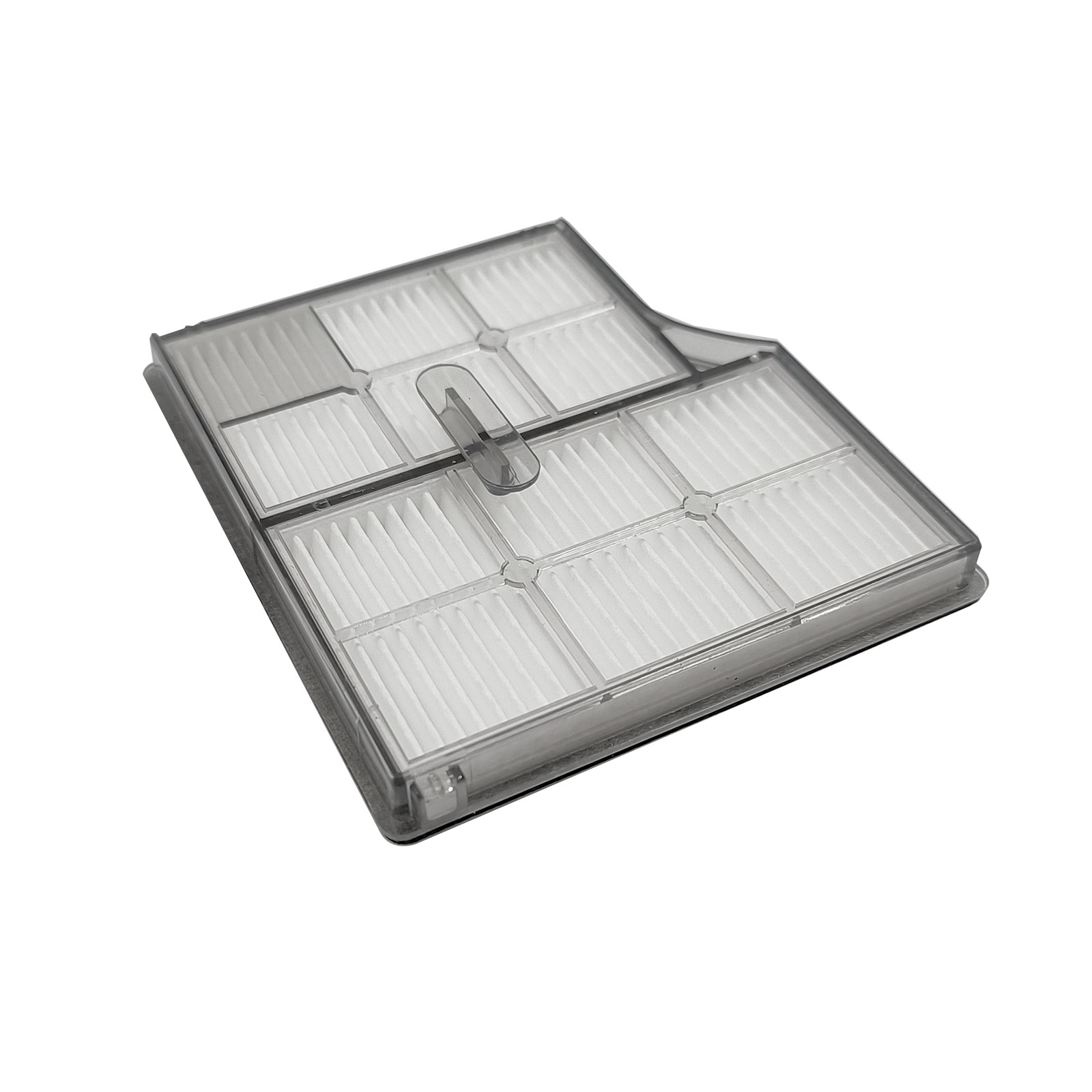 Ein transparenter Staubfilter mit weißen Lamellen und einem silbernen Griff.