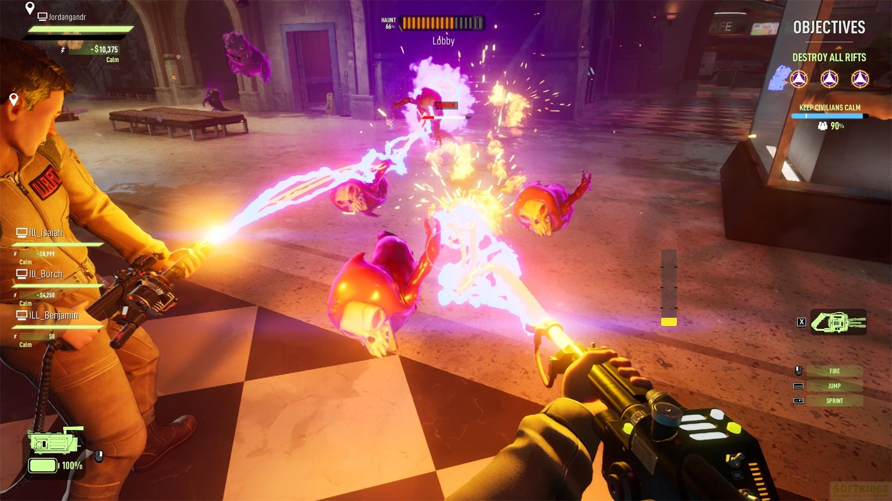Des Ghostbusters tirent des faisceaux de protons sur des fantômes violets.