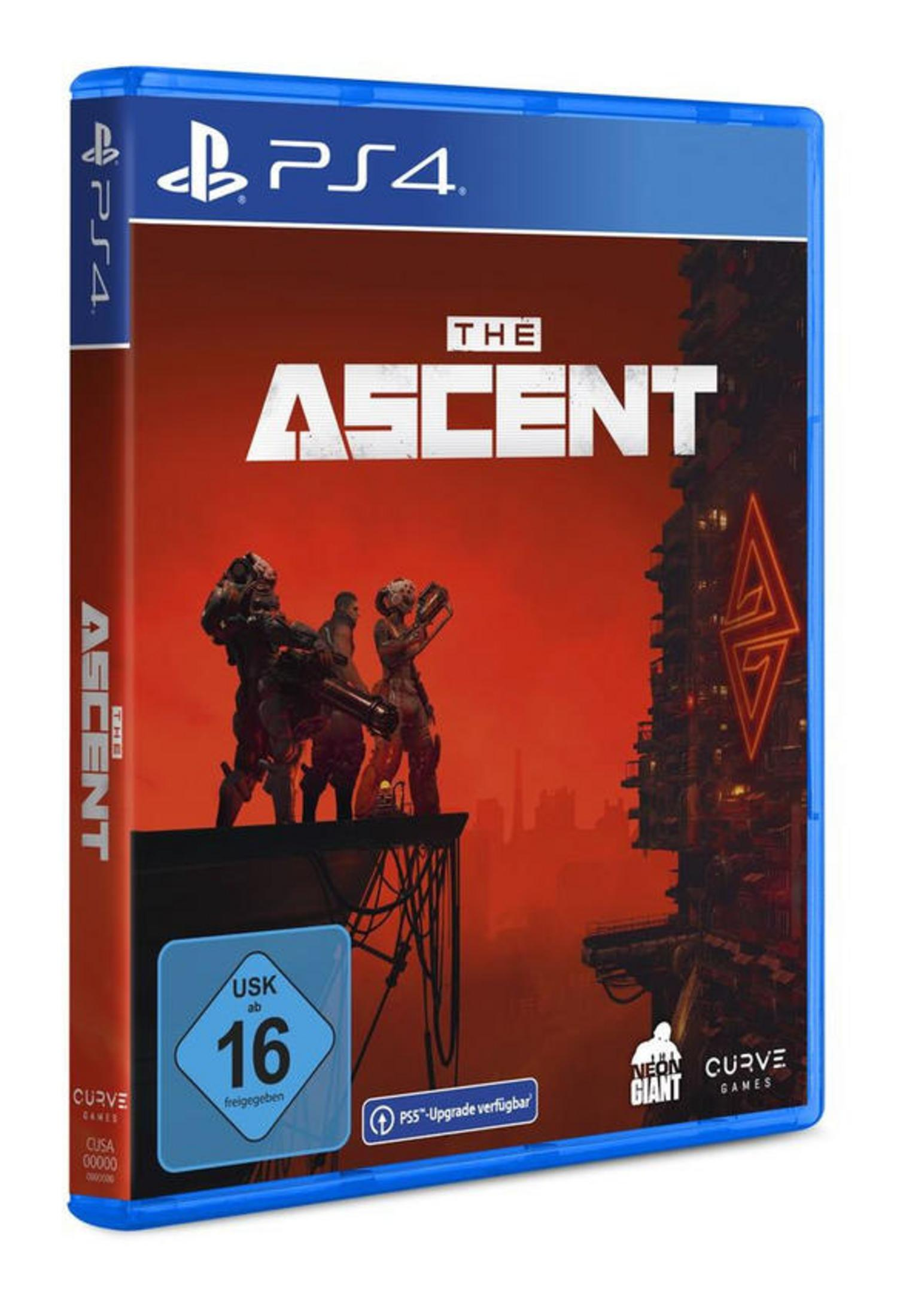 Boîte de jeu PS4 The Ascent, avec des personnages sur un toit et une ville en arrière-plan.