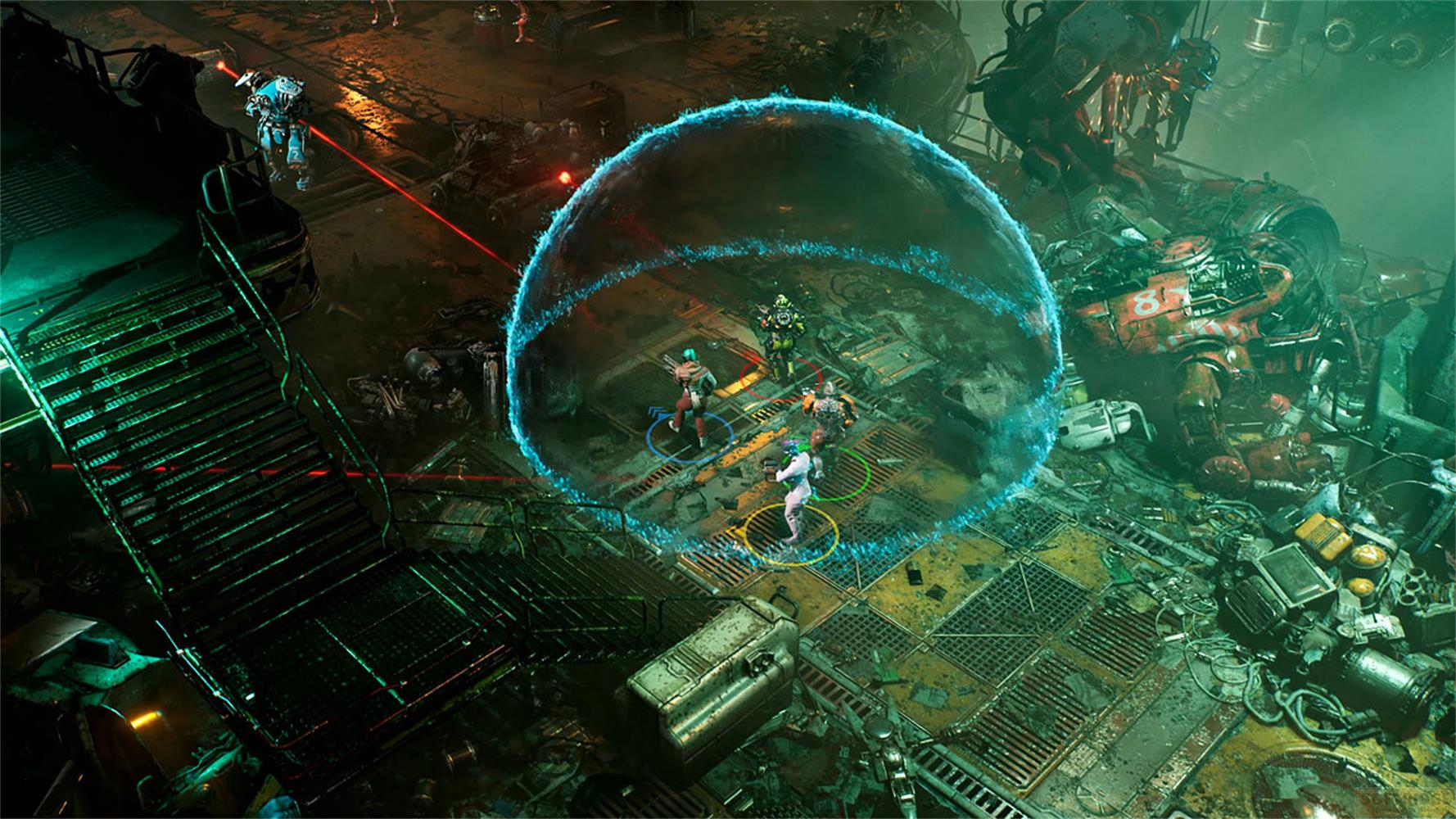 Personnages dans un complexe industriel futuriste détruit sous un dôme d'énergie bleue.