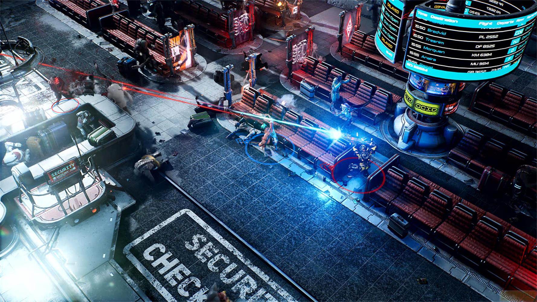 Ligne de sécurité futuriste avec combat, tirs laser et écrans numériques.