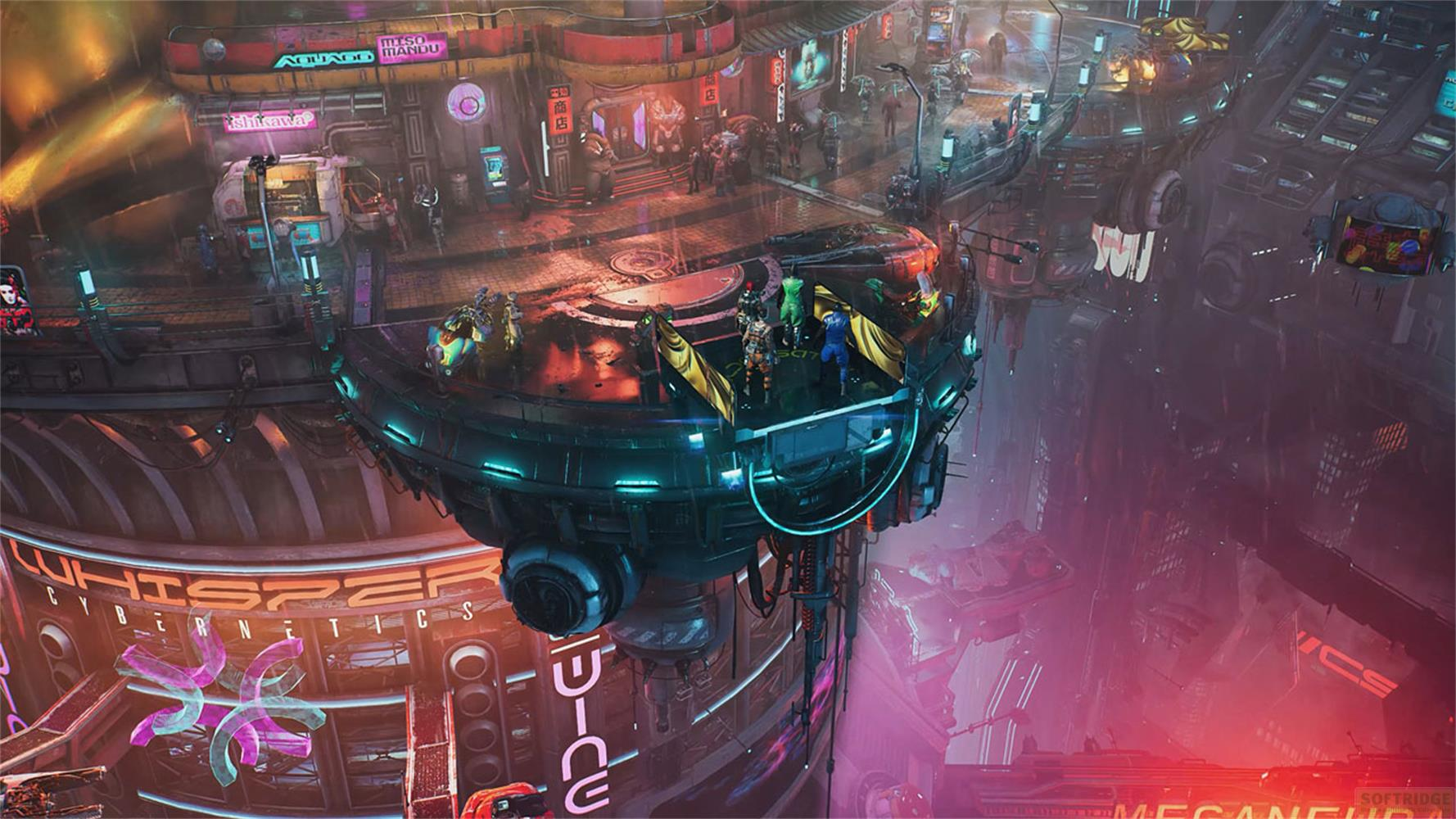 Ville cyberpunk avec plateforme volante, personnages et néons.