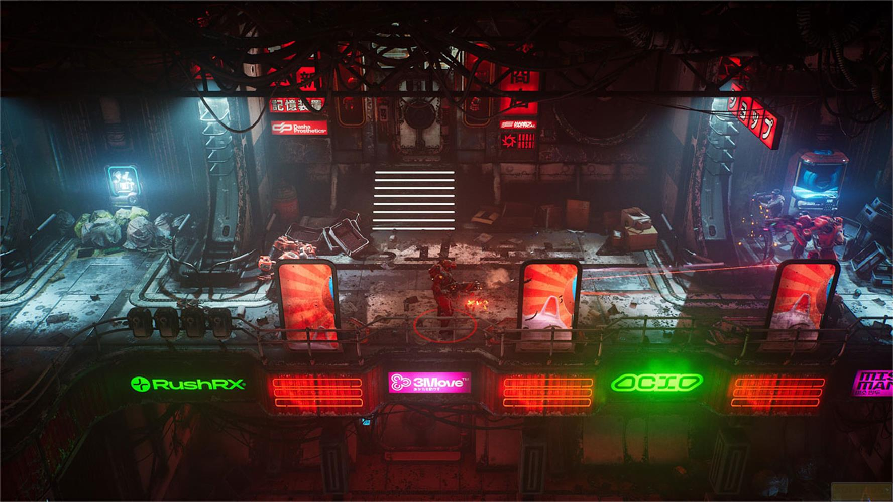 Scène cyberpunk avec néons, robots et écrans.