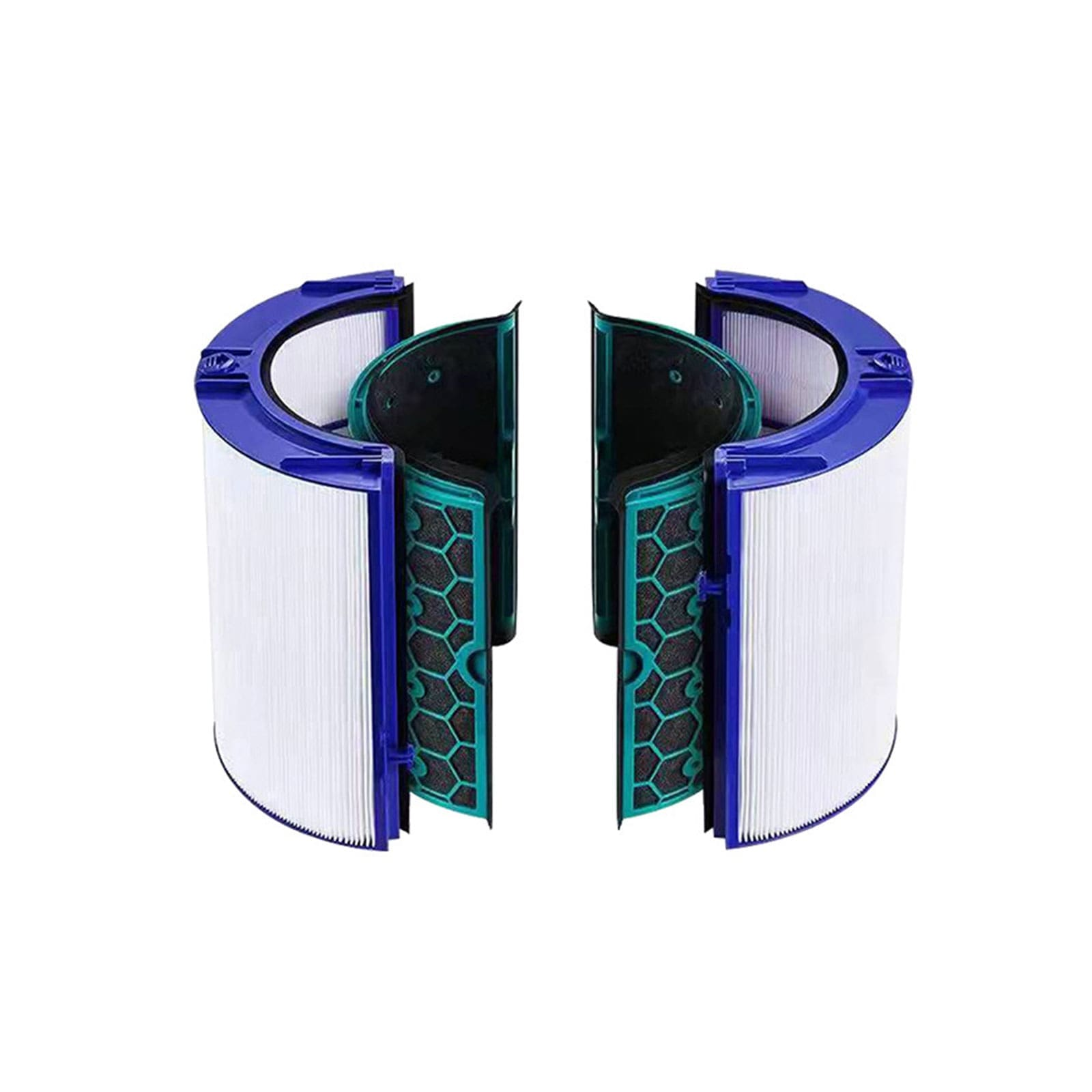 Zwei runde Luftfilter mit blauen Rändern und weißen Lamellen, innen mit schwarzen und grünen Filtern.