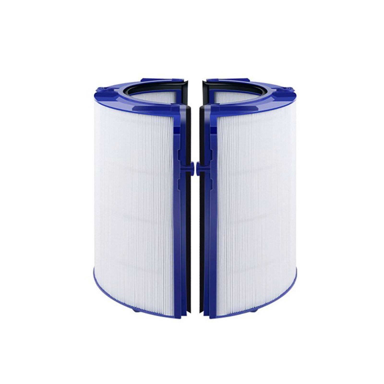 Zwei HEPA-Filter mit blauen Kunststoffrahmen, die zusammen eine zylindrische Form bilden.