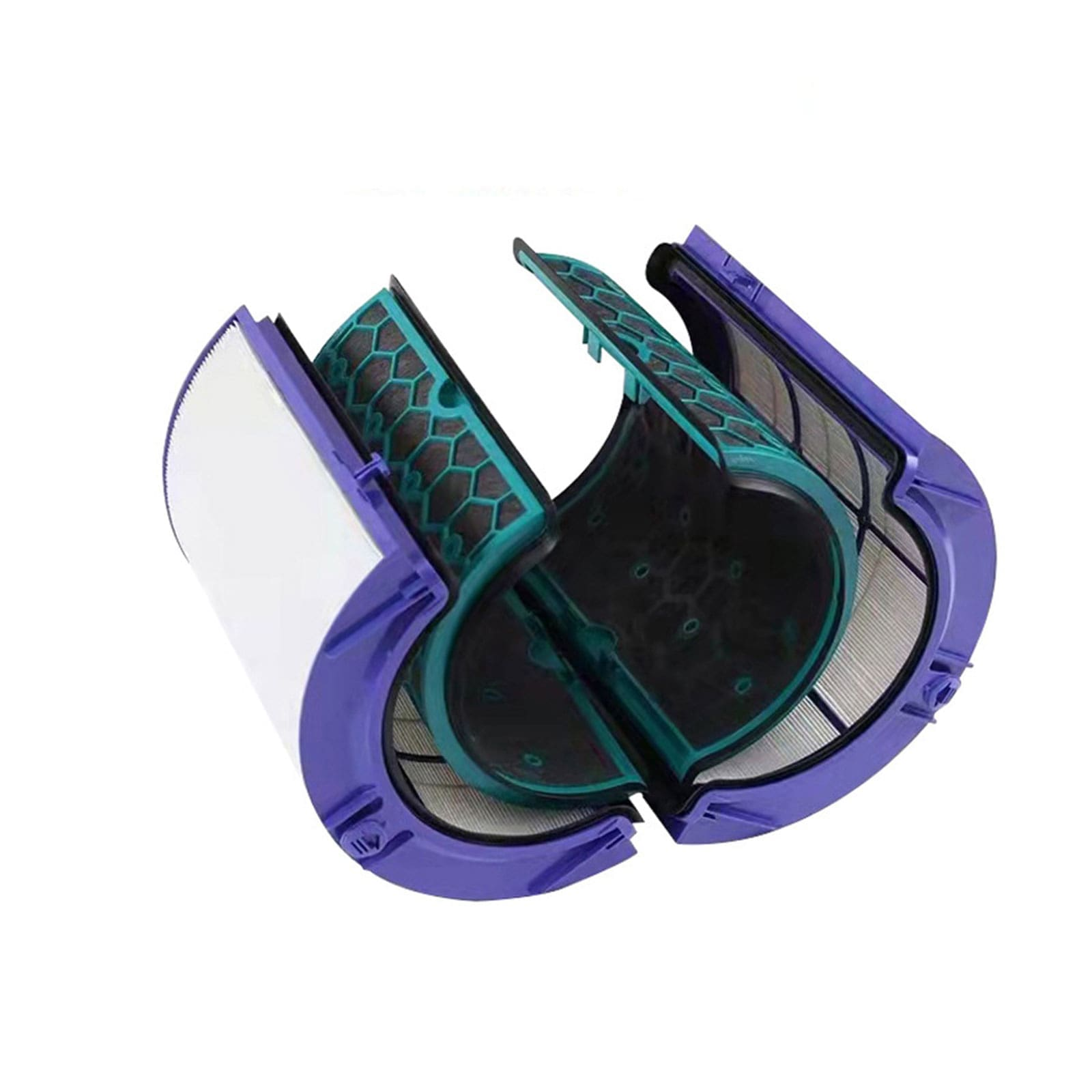 Ein zerlegter violetter Luftfilter mit mehreren Schichten und einem wabenartigen Design.