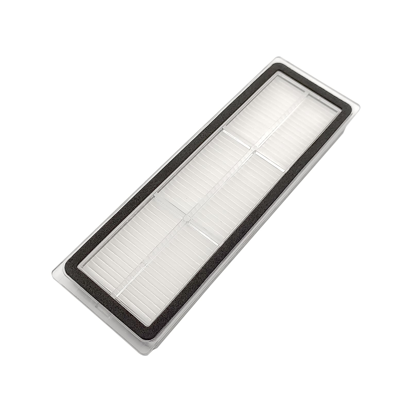Ein rechteckiger Staubsaugerfilter mit Lamellen und schwarzem Rand auf weißem Hintergrund.