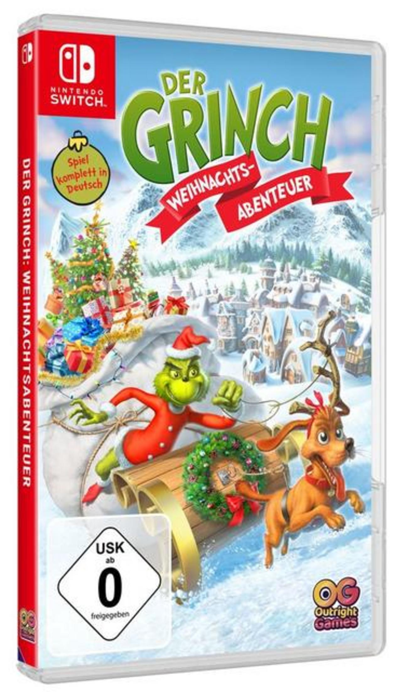Il Grinch e il suo cane Max su una slitta davanti a una città innevata. Nintendo Switch.