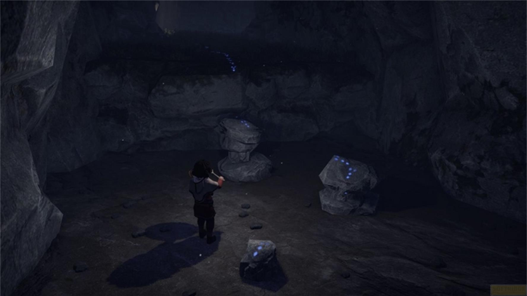 Una ragazza in una grotta con pietre luminose.