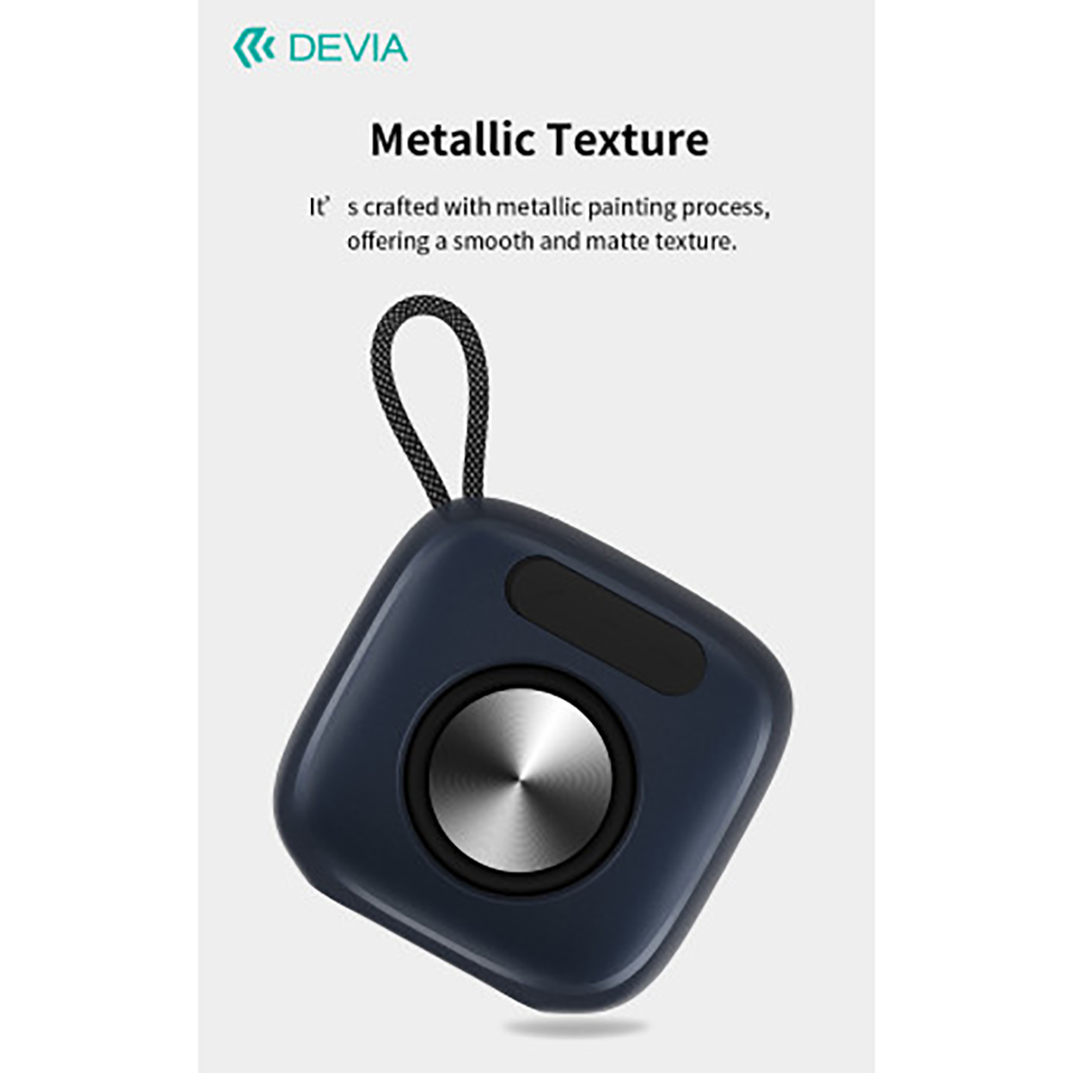 Dark blue speaker with metallic speaker and lanyard.