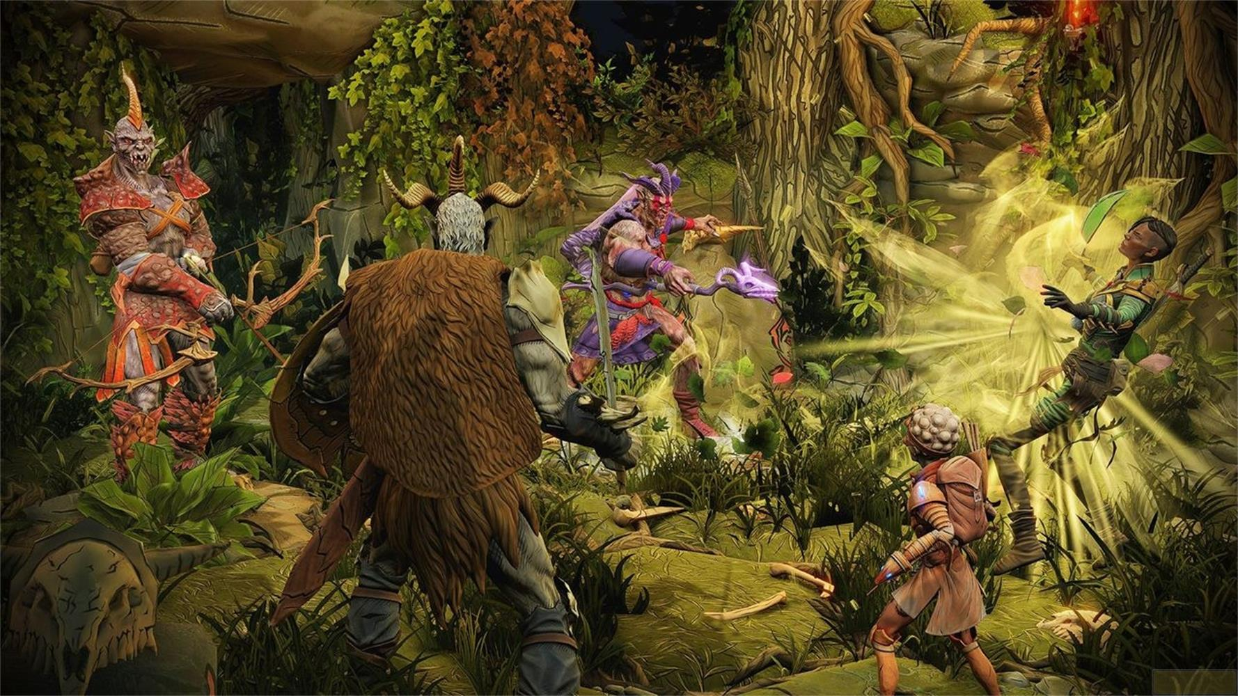 Guerrieri fantasy in una foresta. Un orco con arco, uno sciamano e due guerrieri combattono.