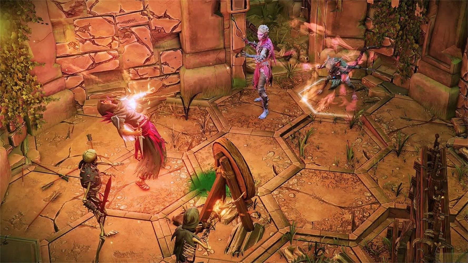 Cinque personaggi fantasy combattono in una stanza rotonda di pietra con piastrelle esagonali.
