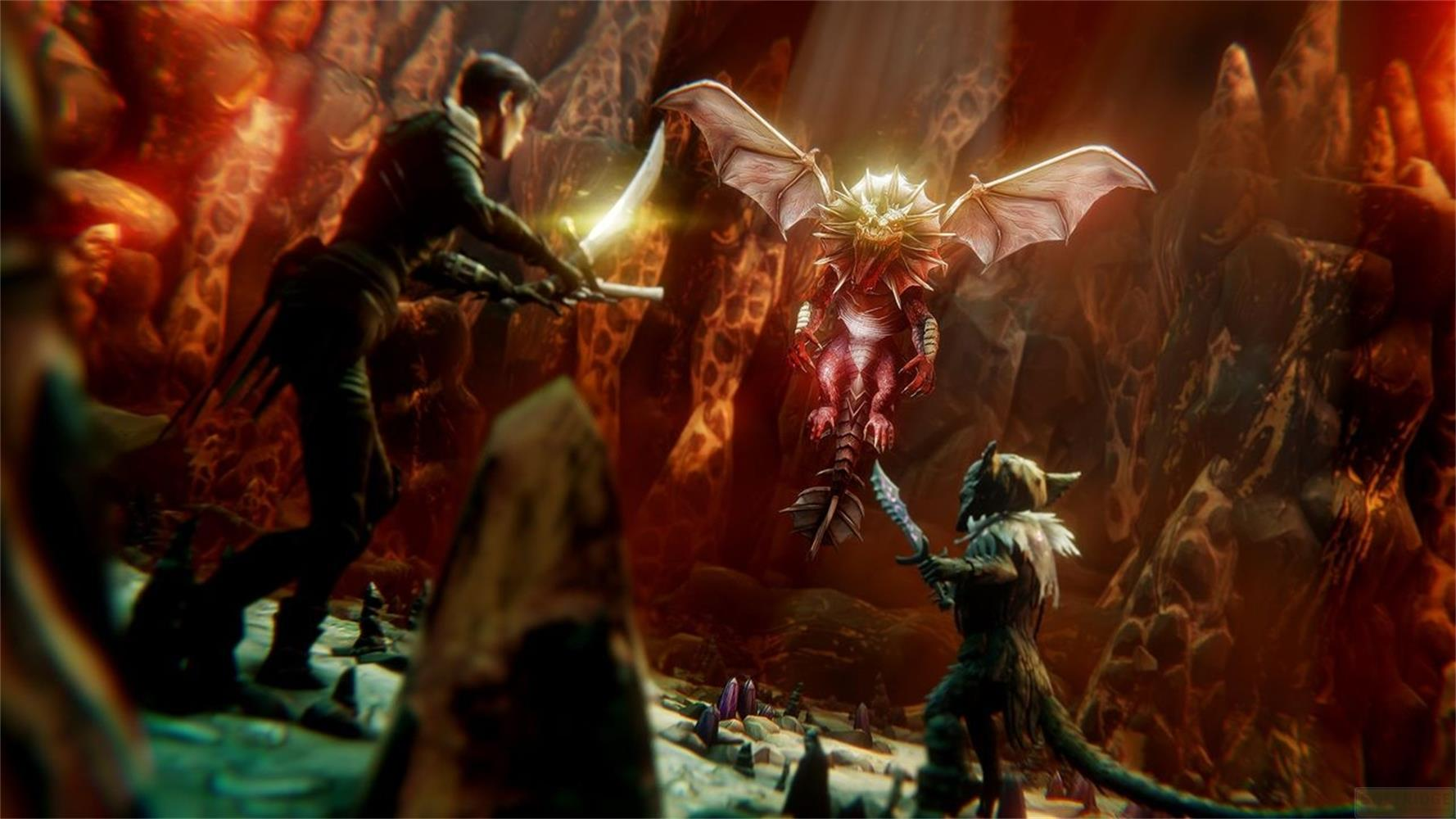 Un umano con una spada combatte un drago rosso in una caverna.
