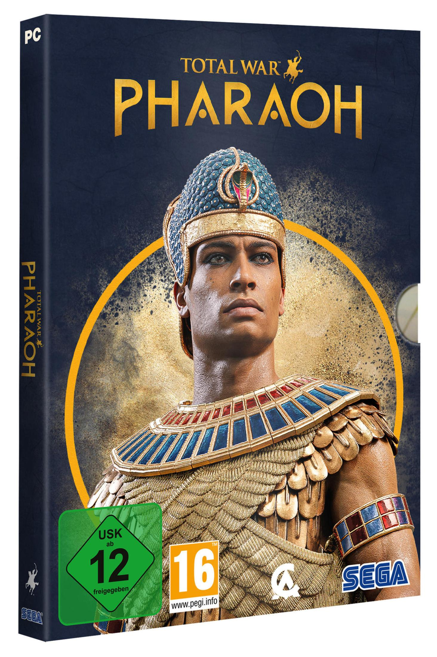Das Spielcover zeigt einen Pharao mit goldener Rüstung und blauer Kopfbedeckung.