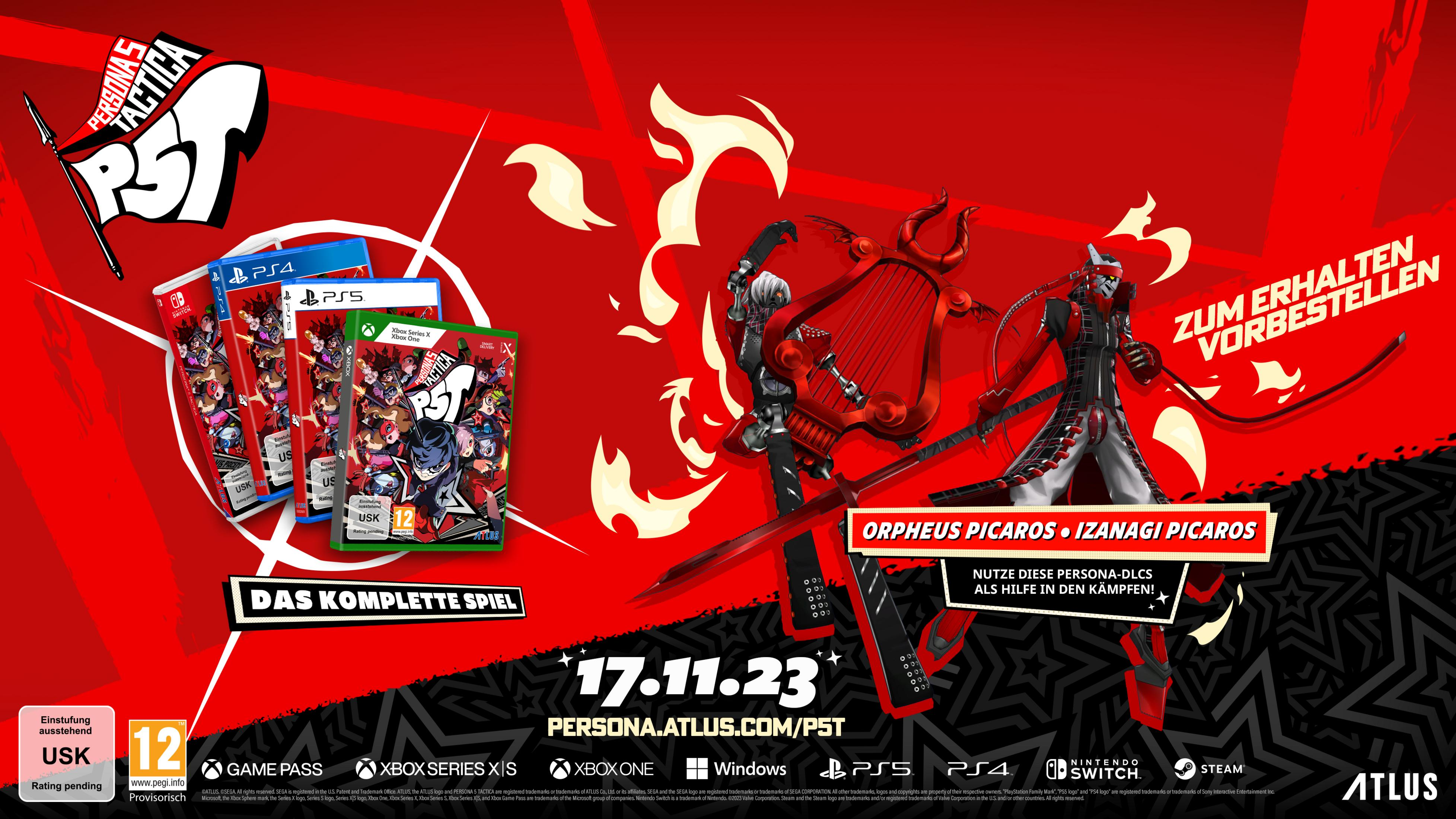 Copertina di Persona 5 Tactica con personaggi e custodie per PS5/PS4/Switch.