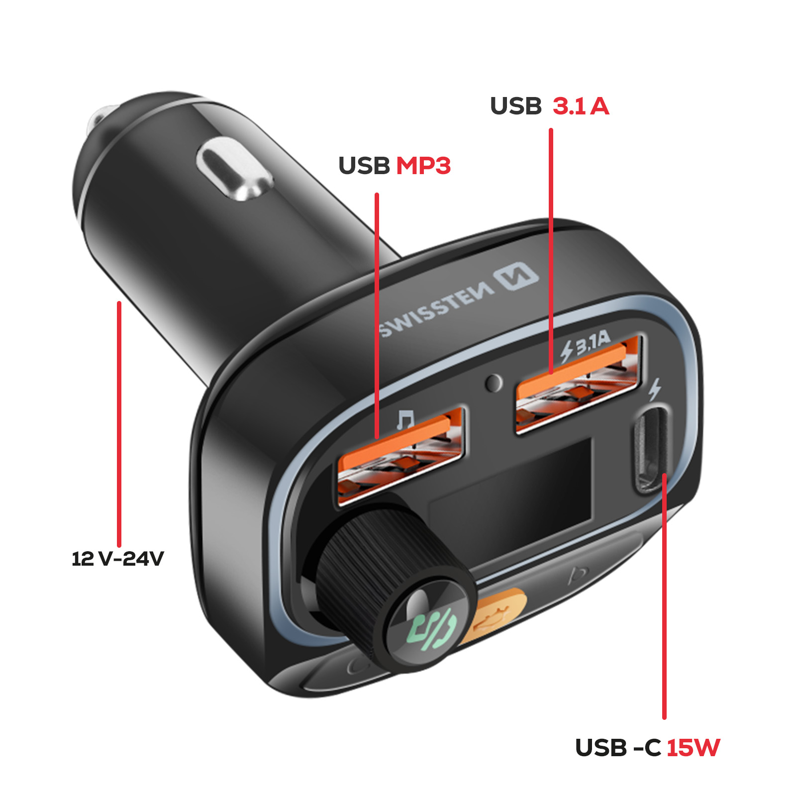 Adattatore caricabatterie auto nero con due porte USB-A, una porta USB-C e una manopola.