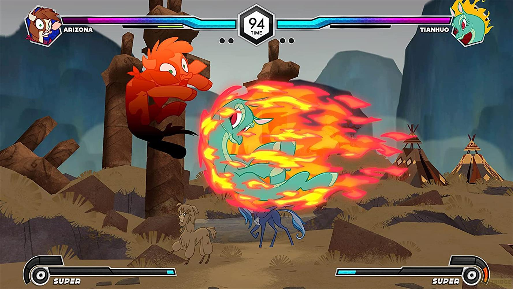 Une créature orange combat une créature bleu-vert en flammes.