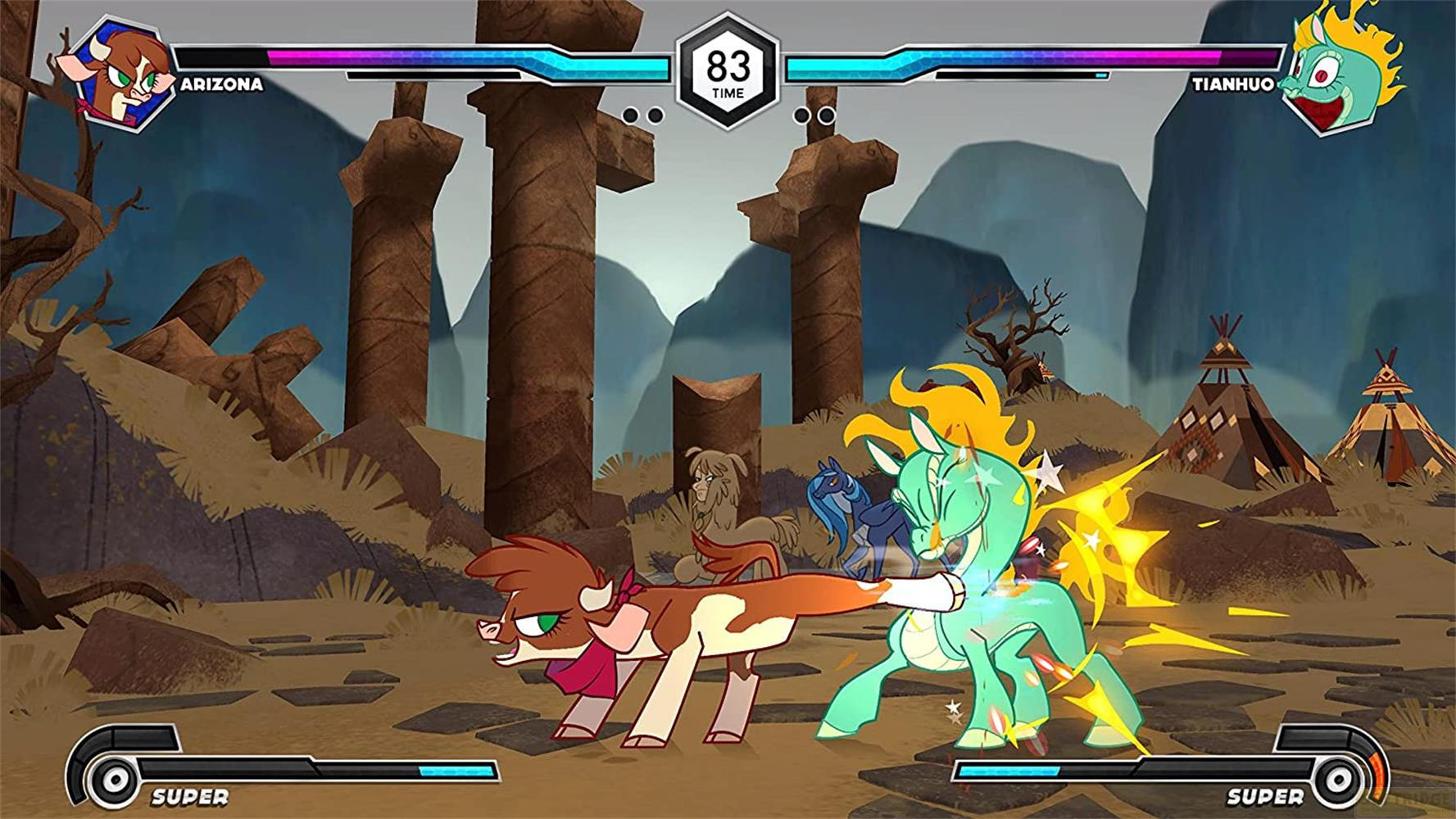 Deux poneys se battent, un marron et blanc, l'autre vert. Temps: 83.