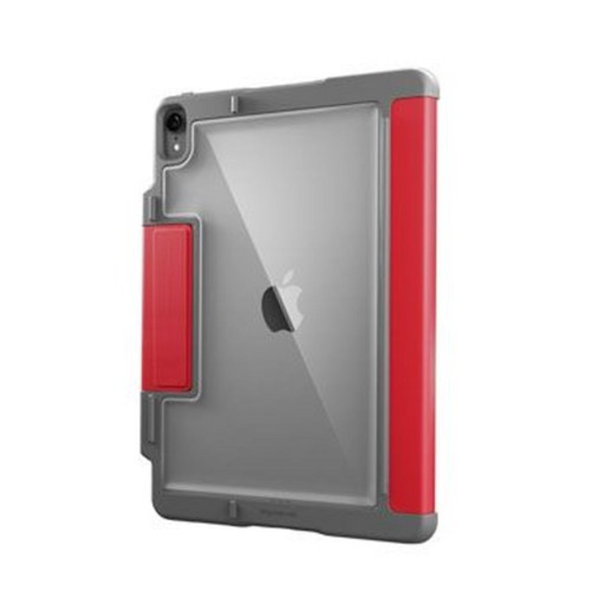 Custodia grigia per tablet con bordo e manico rossi.