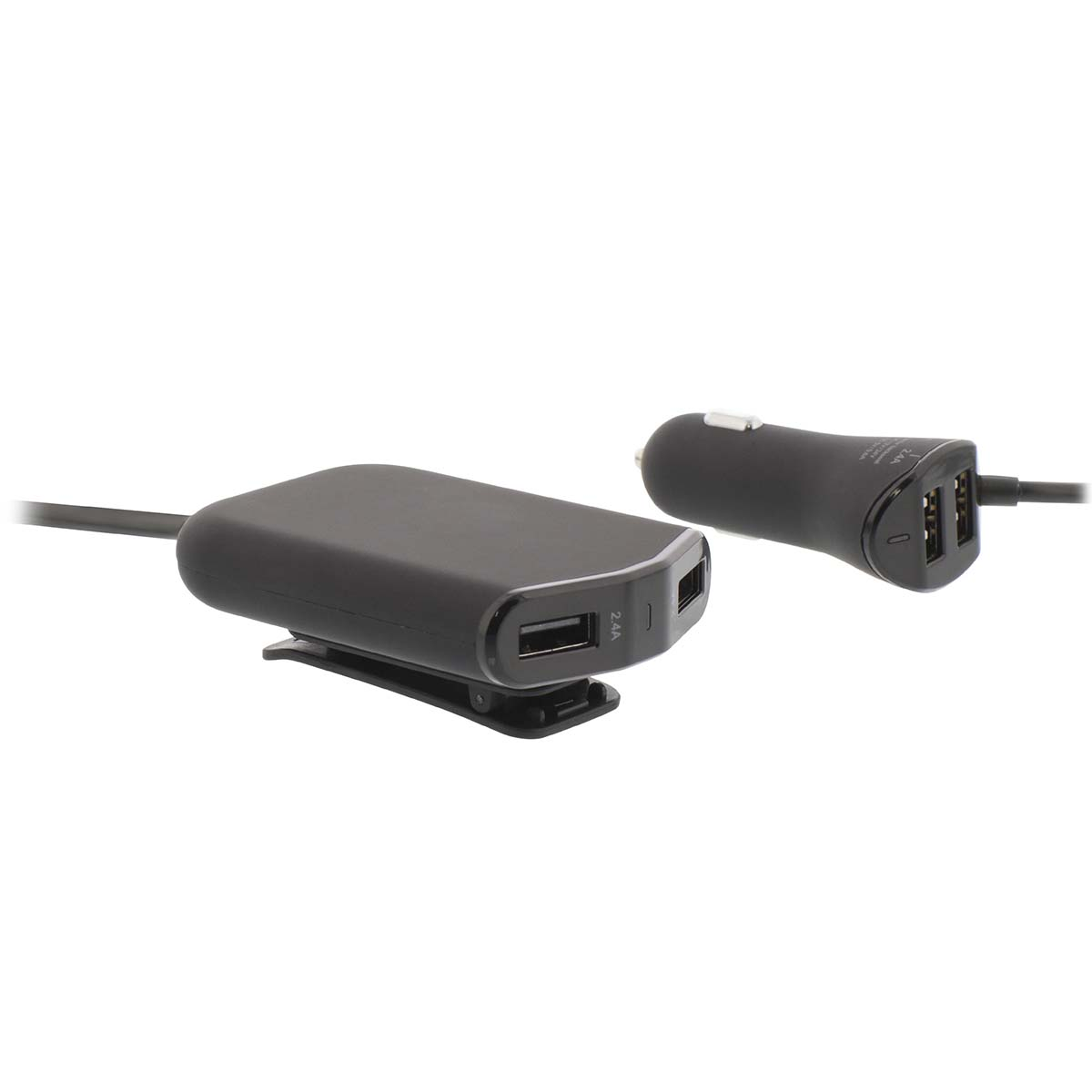 Due caricabatterie USB per auto multiport neri, isolati su bianco.