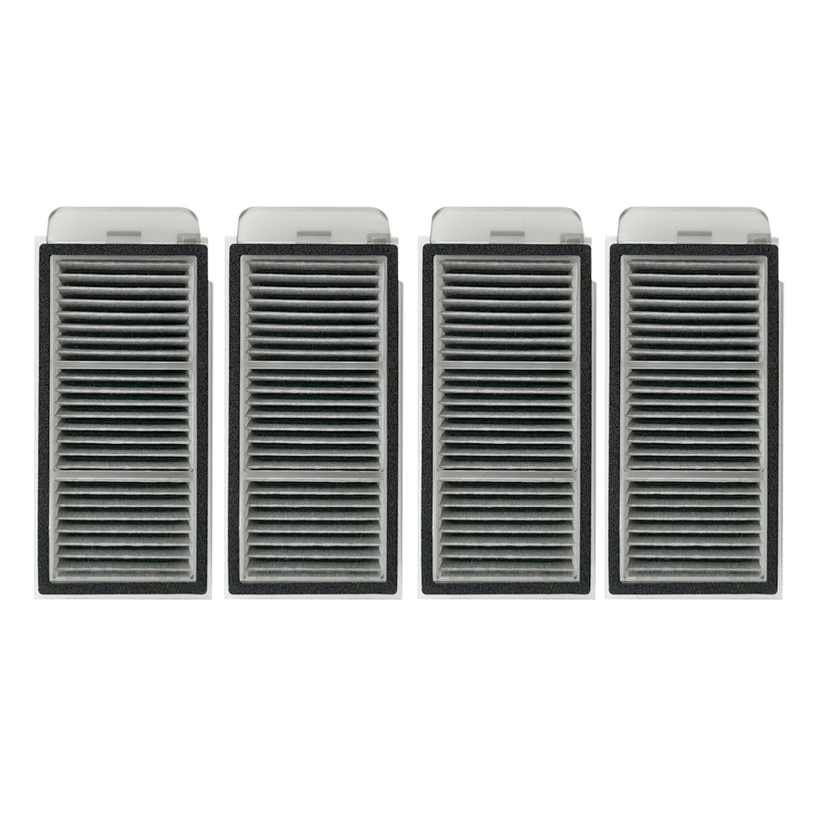 Quatre filtres à air rectangulaires avec cadres noirs et lamelles grises.
