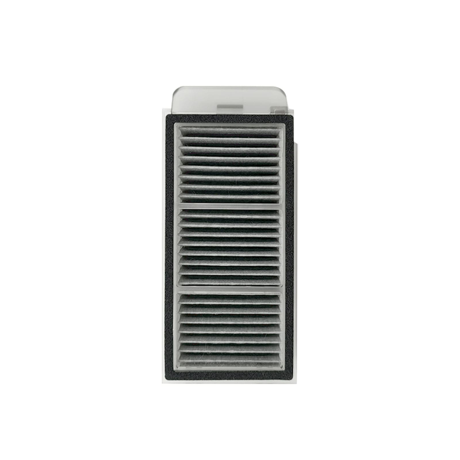 Un filtre à air rectangulaire avec des lamelles horizontales et un cadre noir.