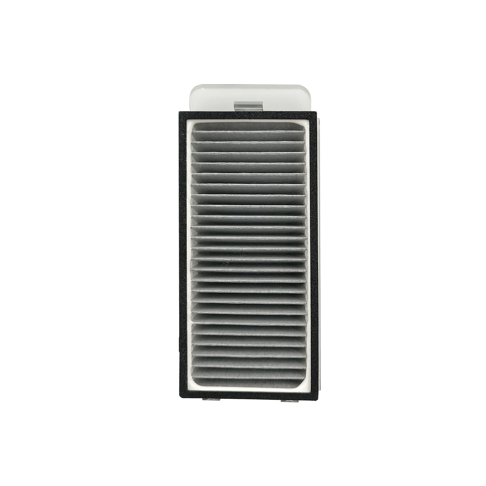 Un filtre à air rectangulaire avec plis gris et cadre noir.