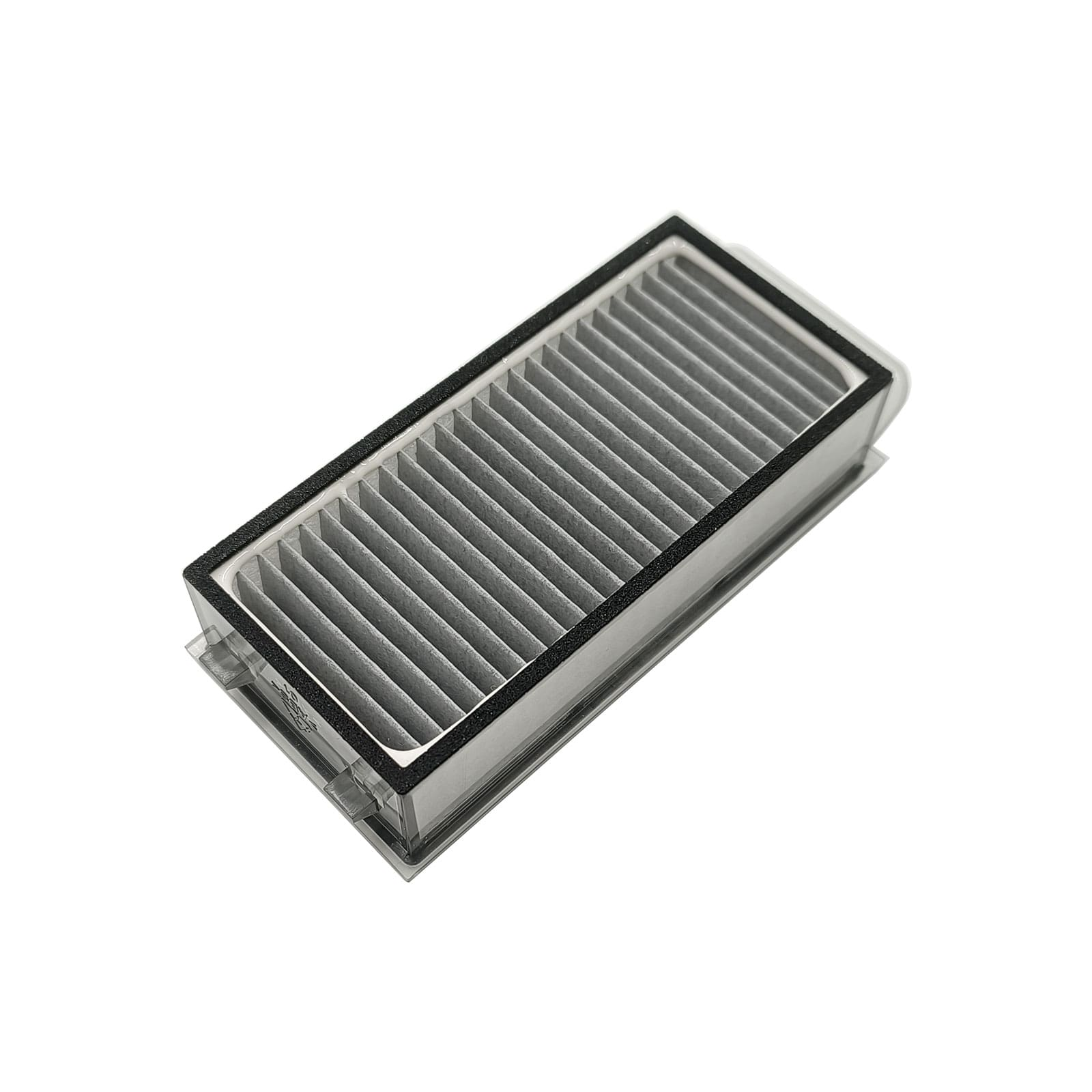 Filtre à air plissé gris avec cadre noir et boîtier en plastique transparent.