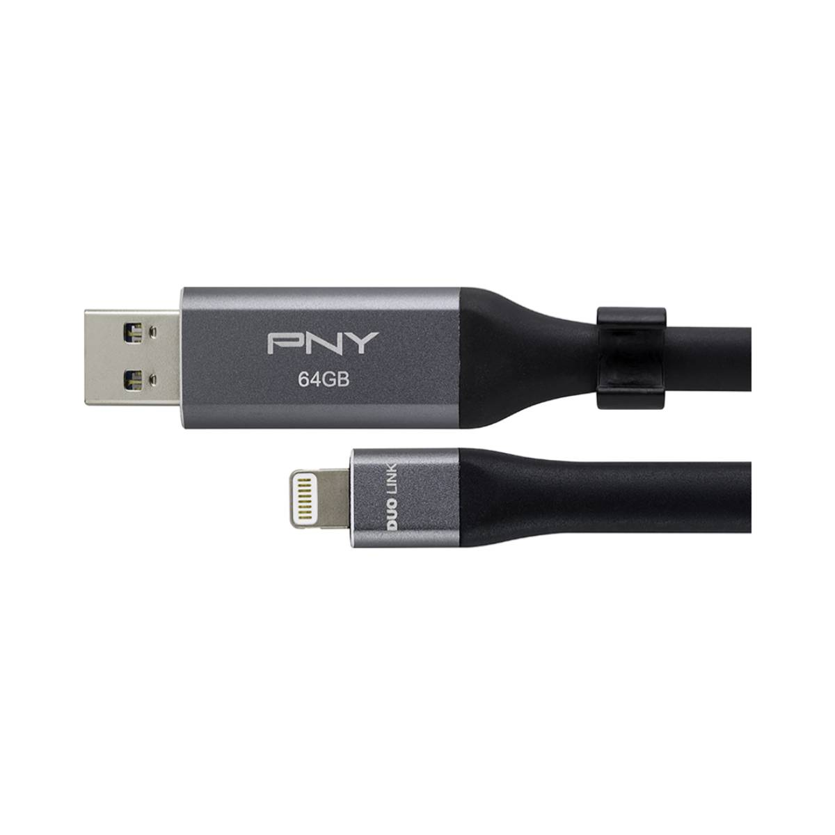 Cavo USB PNY grigio da 64 GB con connettore Lightning su sfondo bianco.