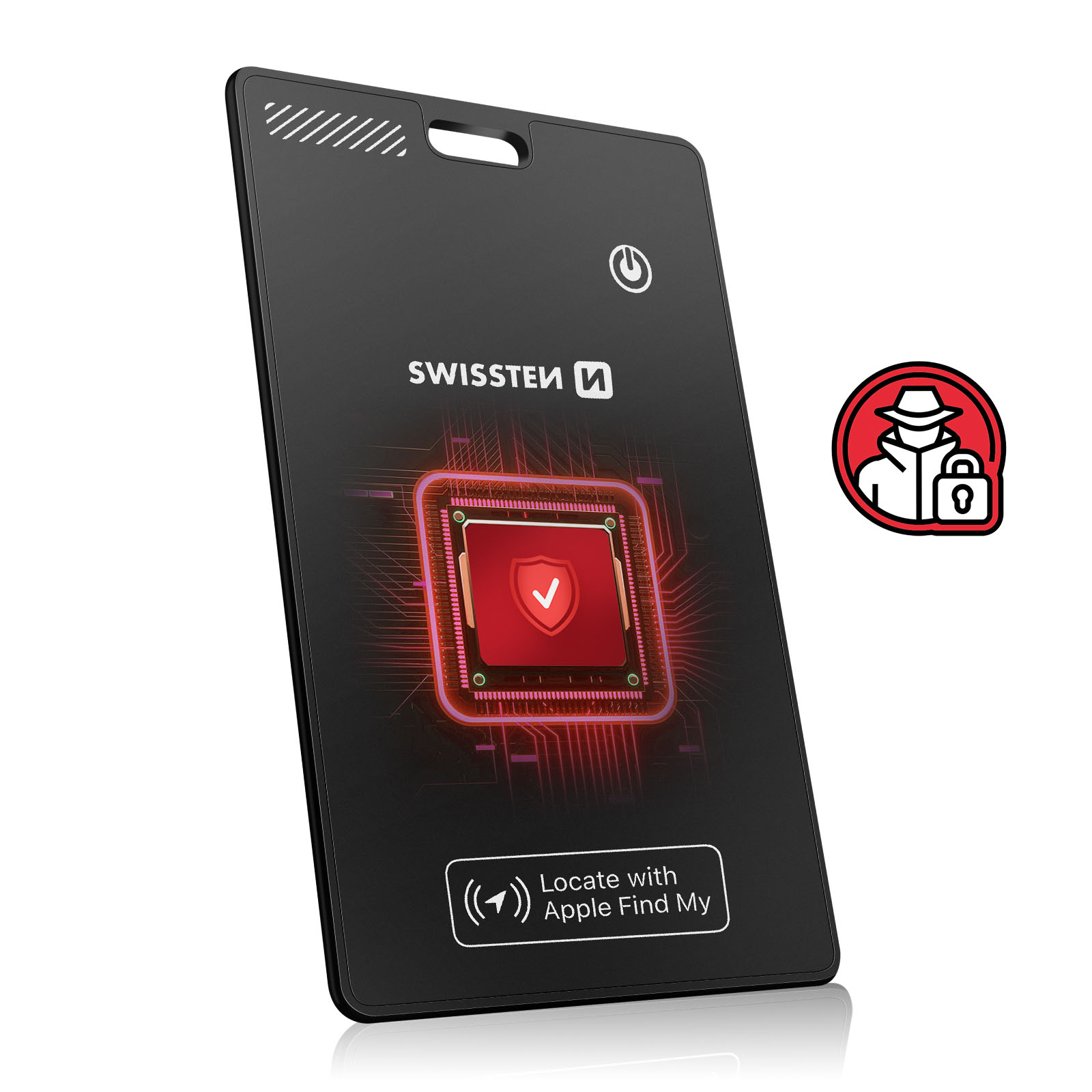 Tracker nero con design a chip, icona di sicurezza e logo Apple Find My.