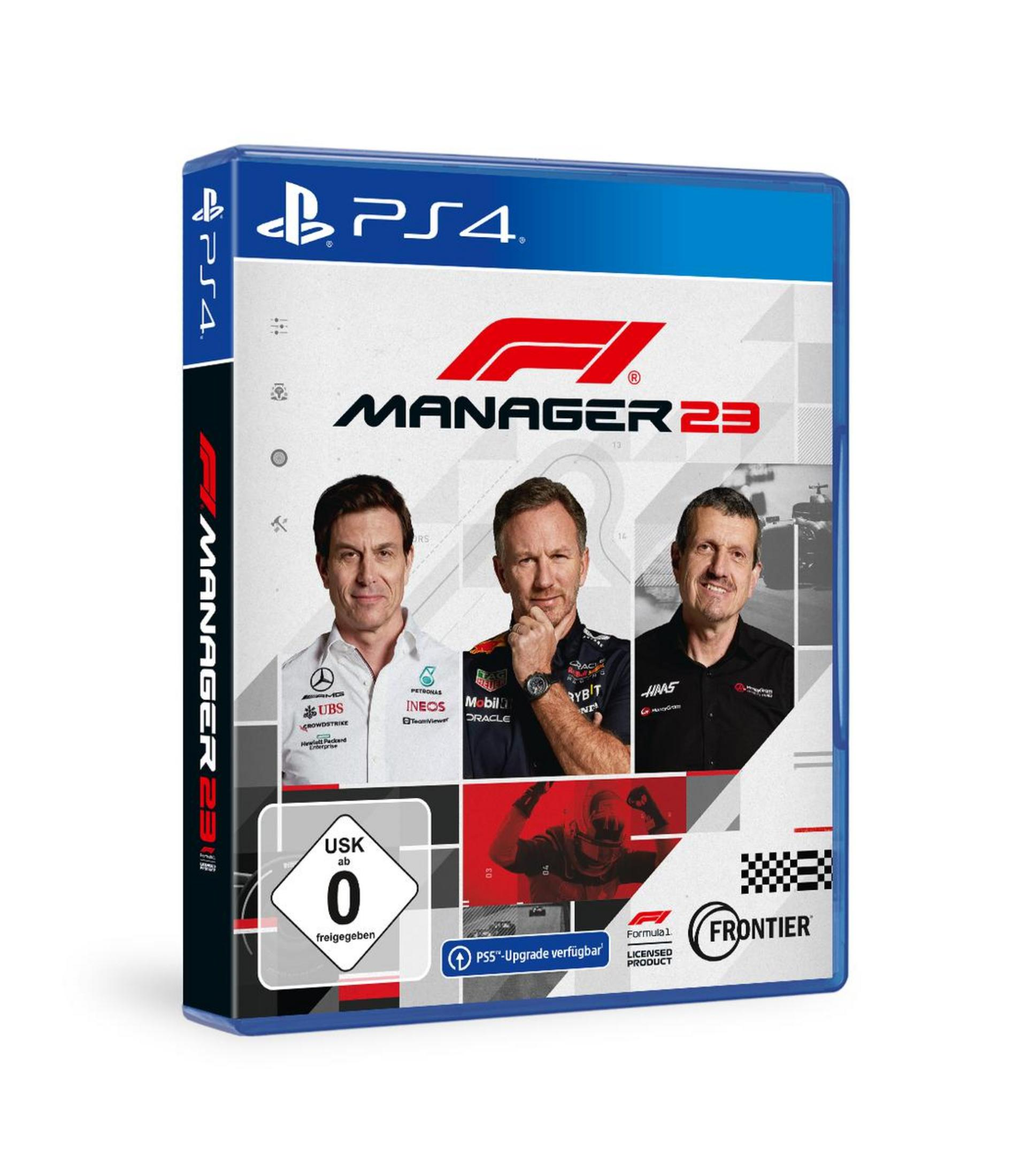 Boîtier de jeu PS4 : F1 Manager 23 avec trois hommes, logos et sceau d'âge.