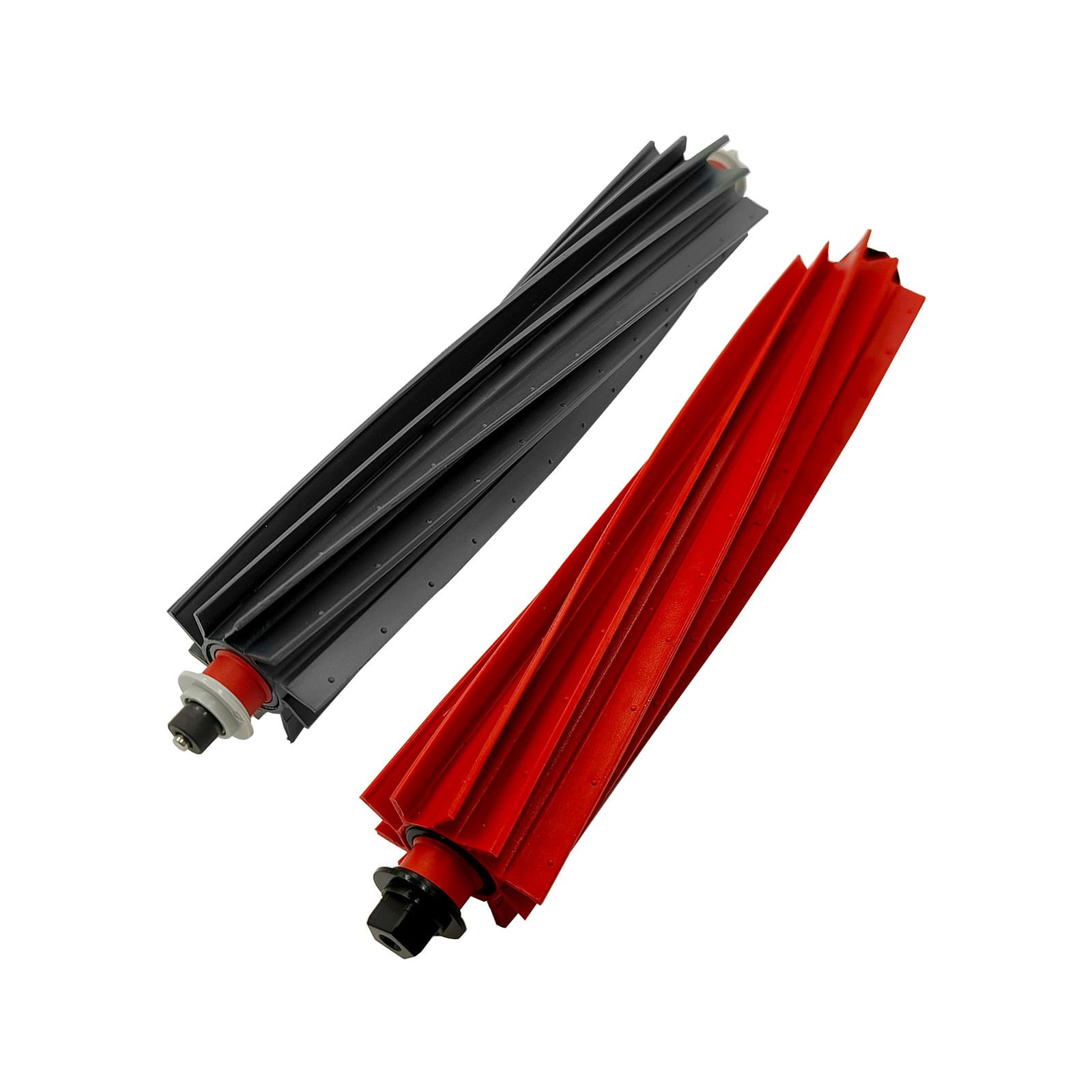Ein schwarzer und ein roter Bürstenkopf für einen Staubsauger, nebeneinander auf weißem Grund.