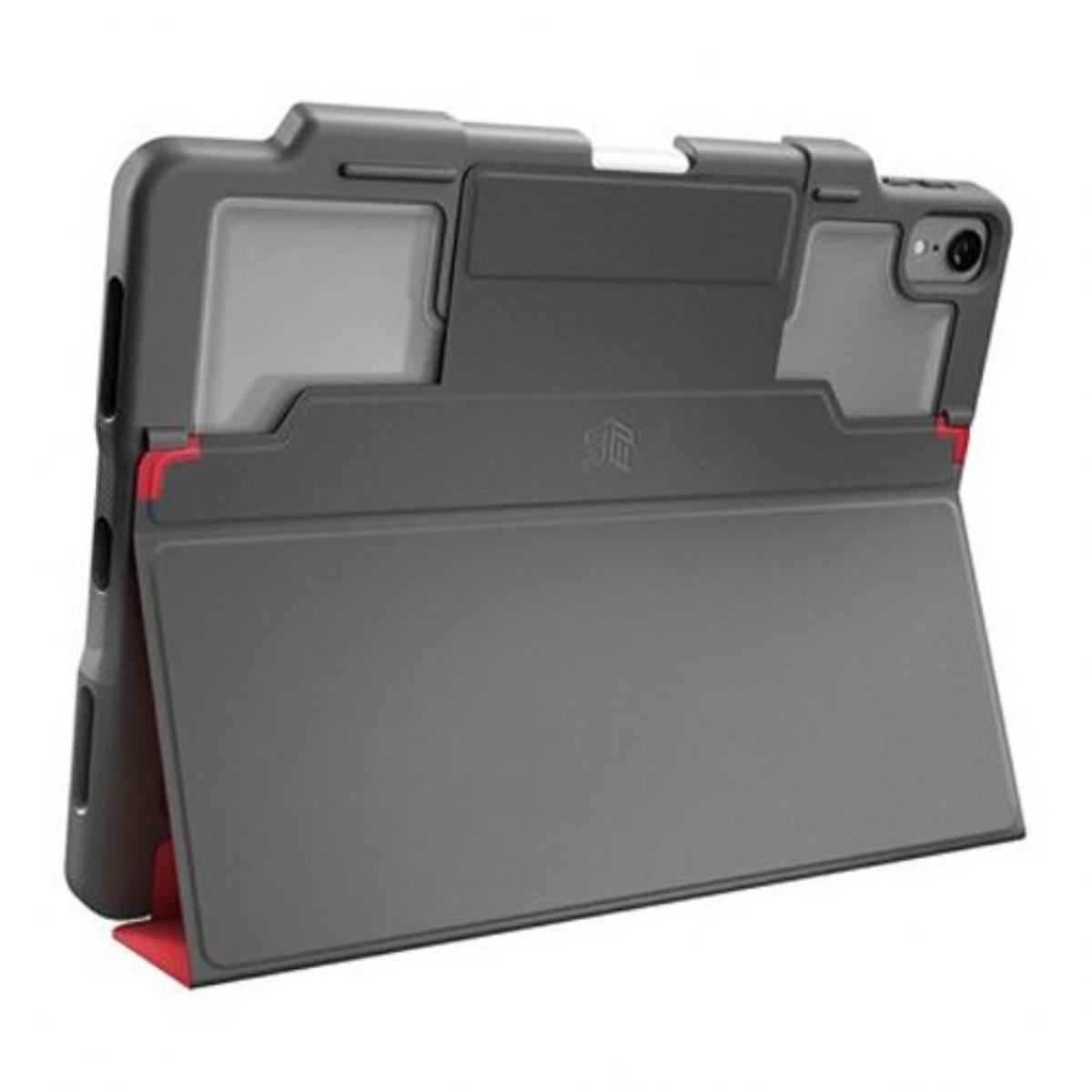 Custodia grigia per tablet con accenti rossi, in piedi.