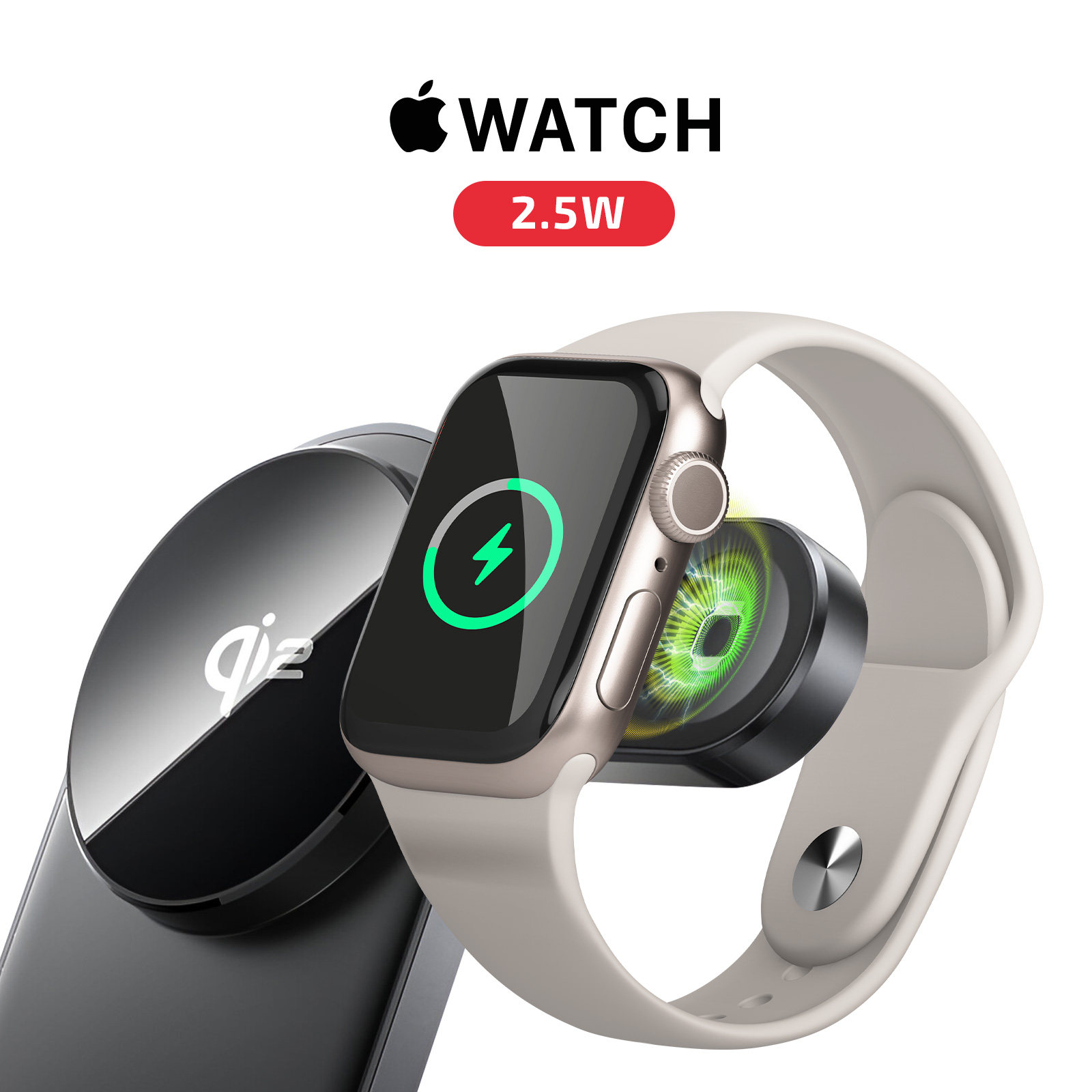Ein Apple Watch Lade-Pad mit einem auf dem Bildschirm angezeigten Ladesymbol.