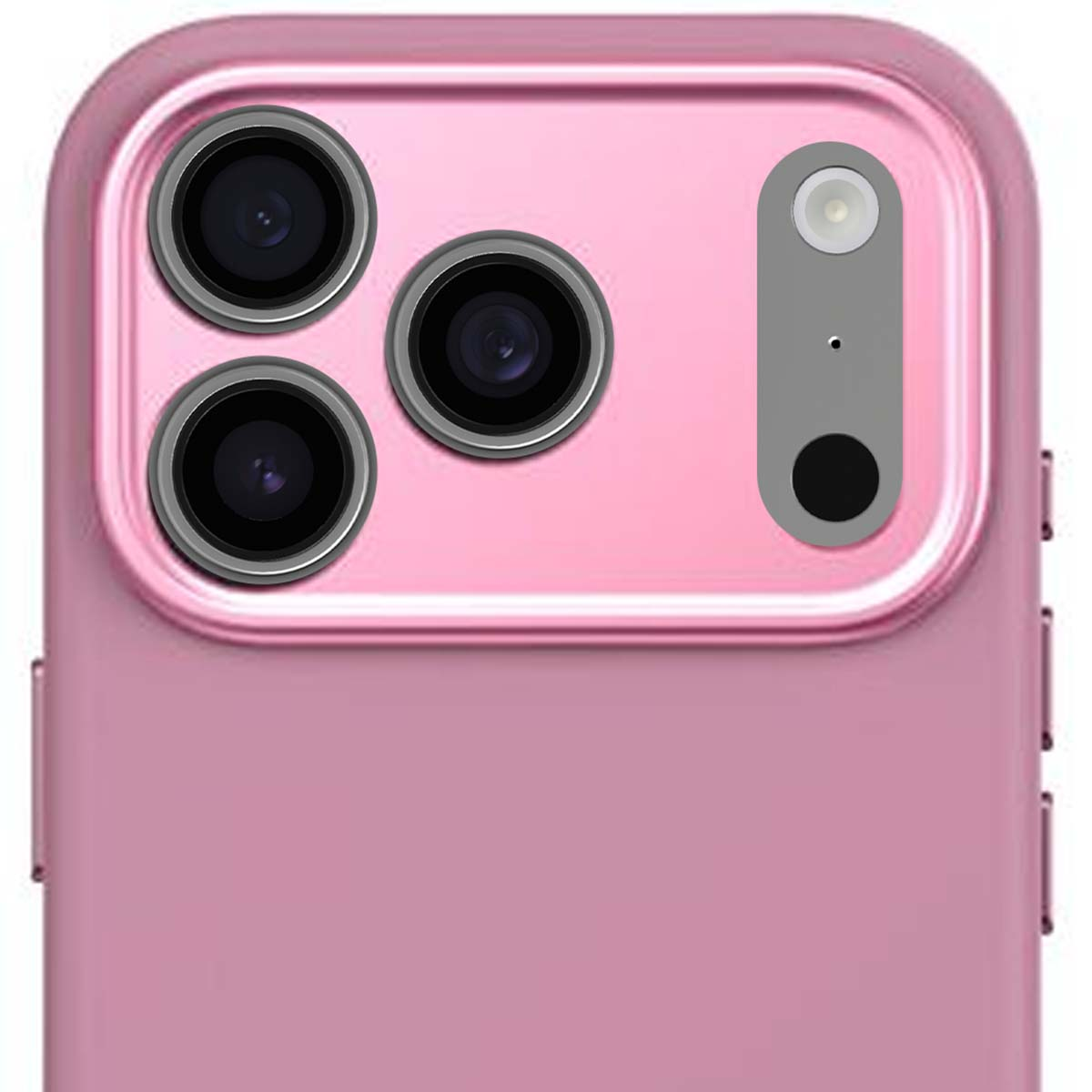 Primo piano di una custodia rosa per telefono con tre obiettivi e flash.