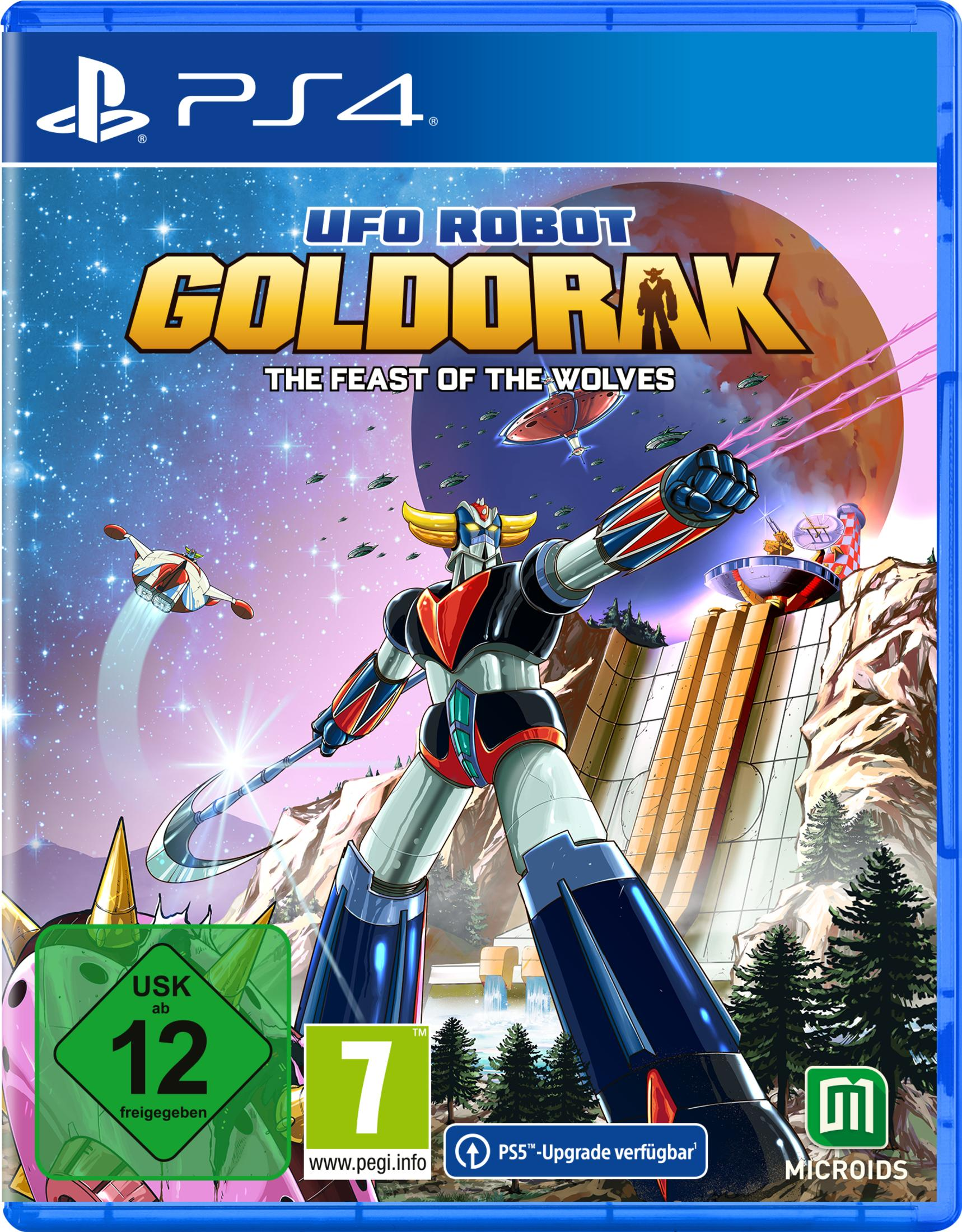 Goldorak si erge nello spazio, circondato da stelle e navi, con logo PS4.