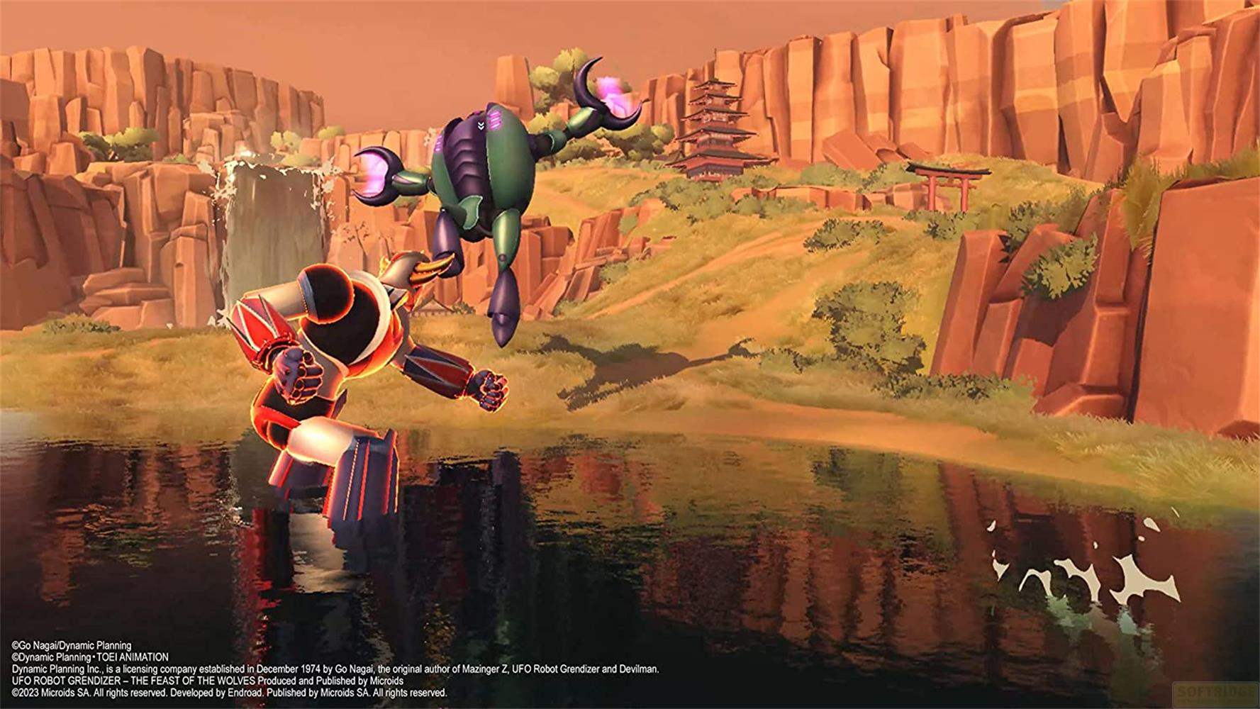 Due robot combattono in un paesaggio montuoso con un lago.
