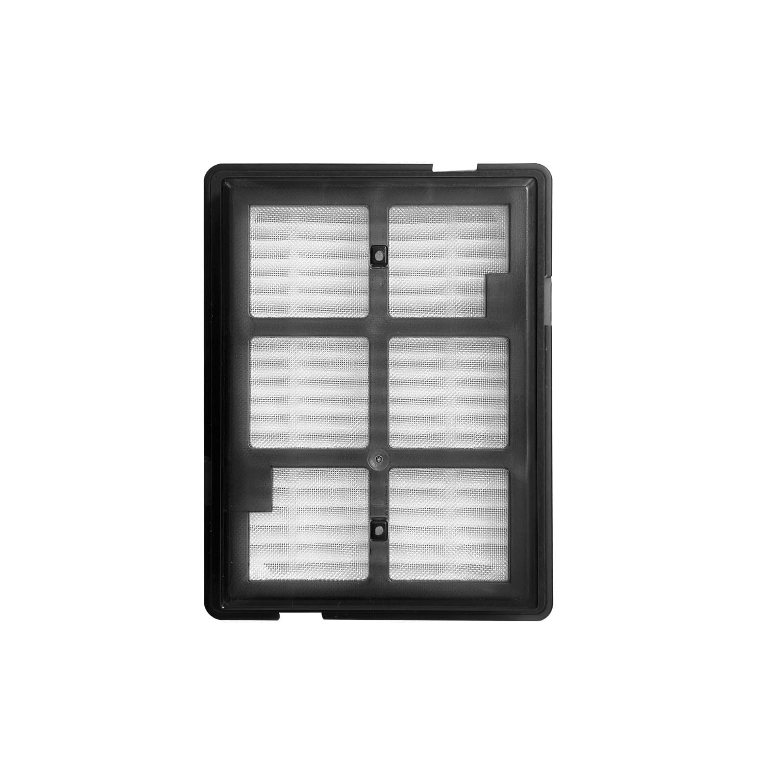 Schwarzer rechteckiger Filter mit sechs weißen Netzgittern.