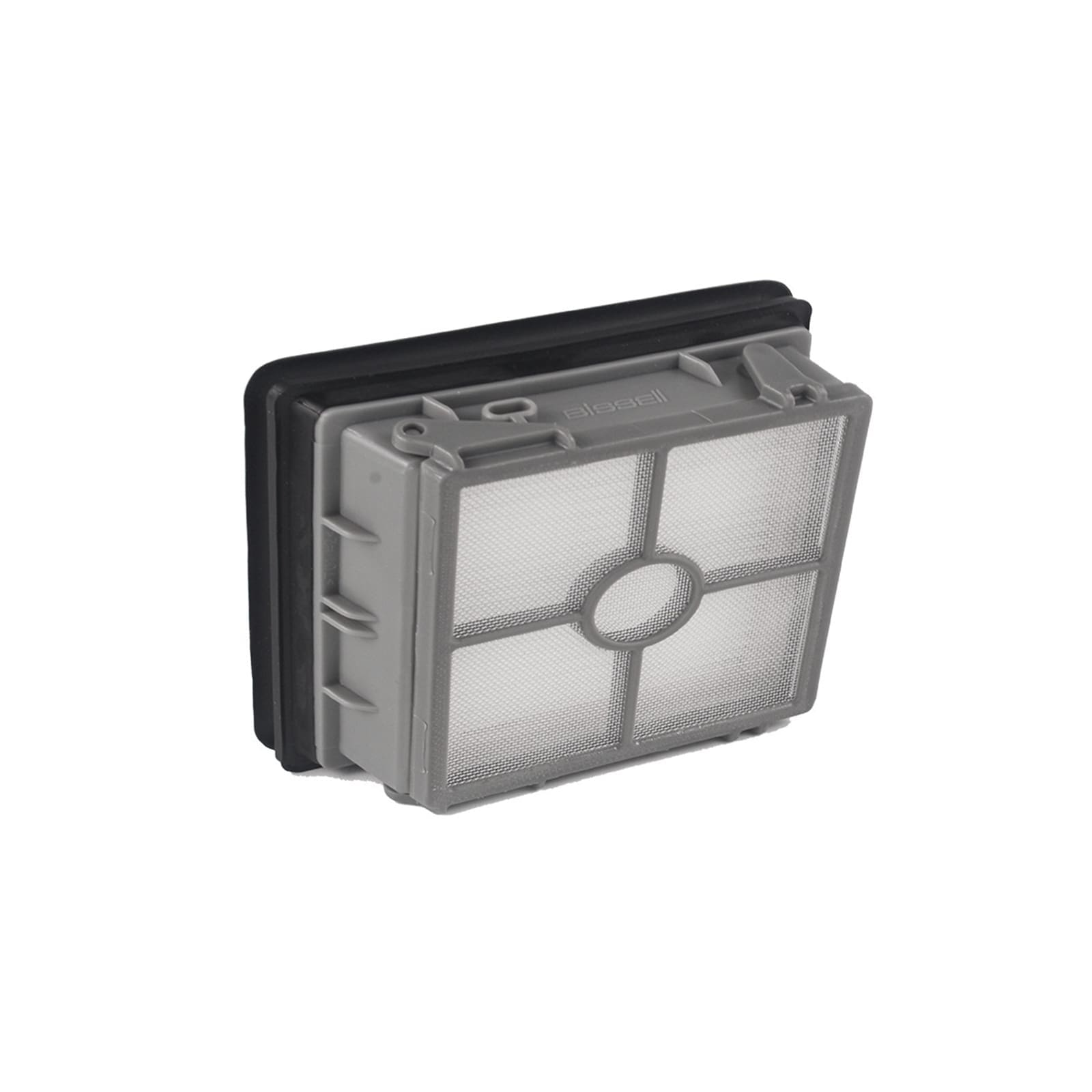 Grauer Bissell-Filter mit schwarzem Gummiabdichtung und feinem Netz.