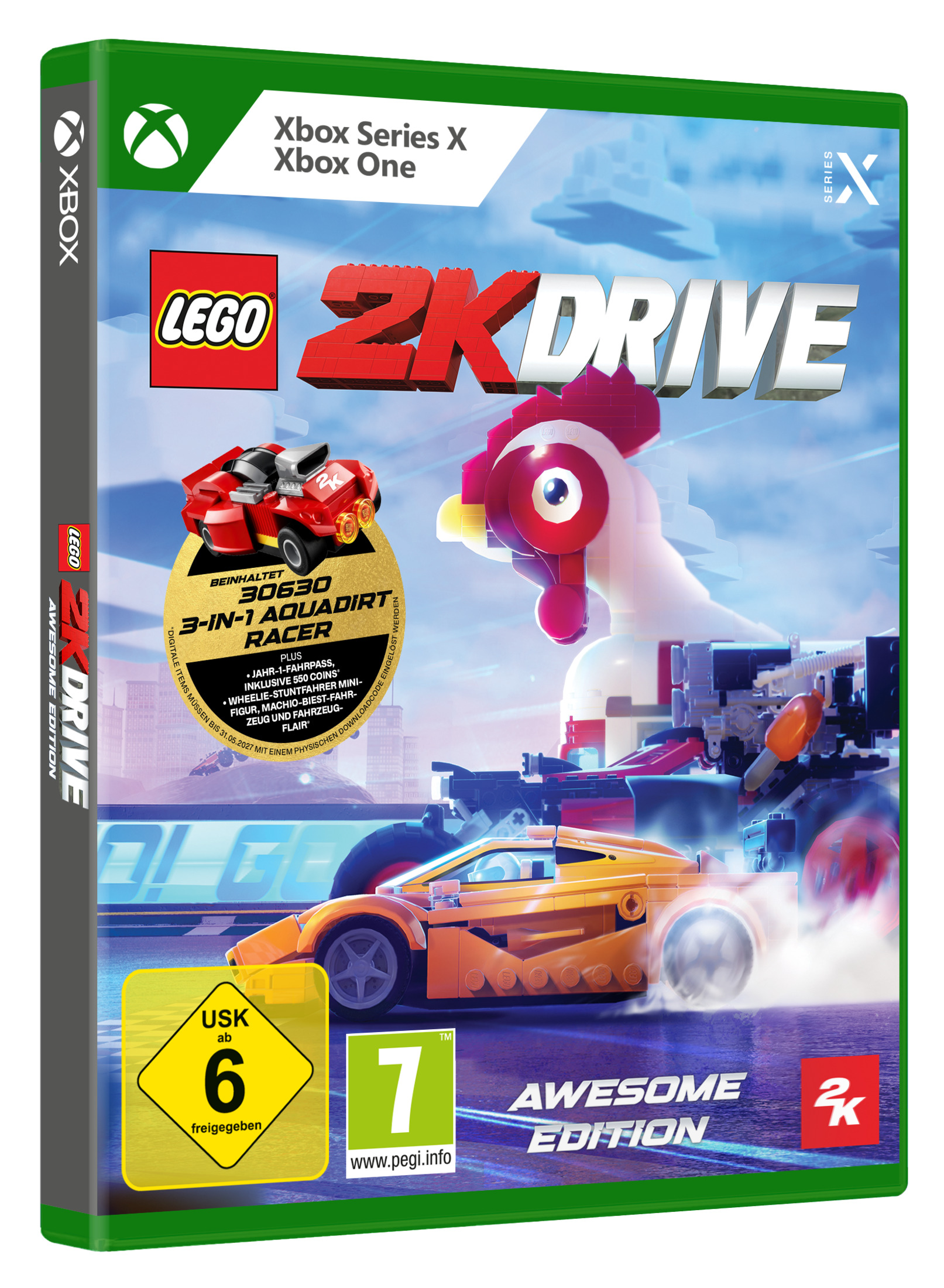 Xbox-Spiel "Lego 2K Drive" mit Rennwagen und Hühnchenfigur. USK 6.