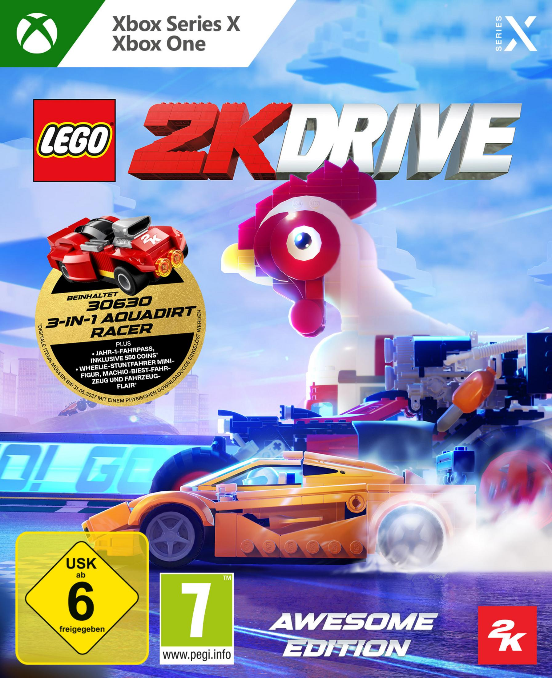 Lego 2K Drive Cover mit Xbox-Logo, Rennwagen und Hühnchen-Figur.
