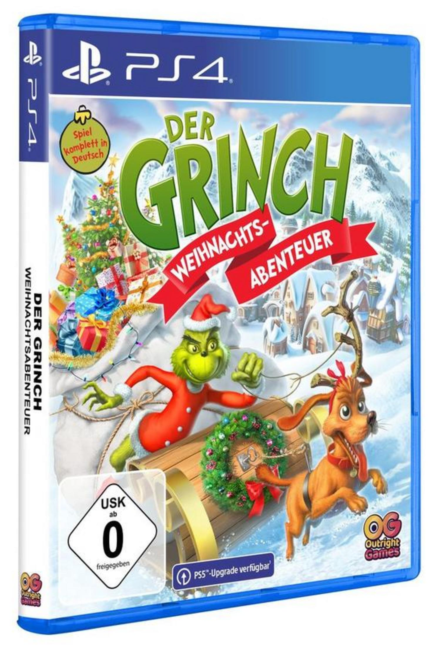 Le Grinch et Max devant un village enneigé, cadeaux et sapin de Noël.