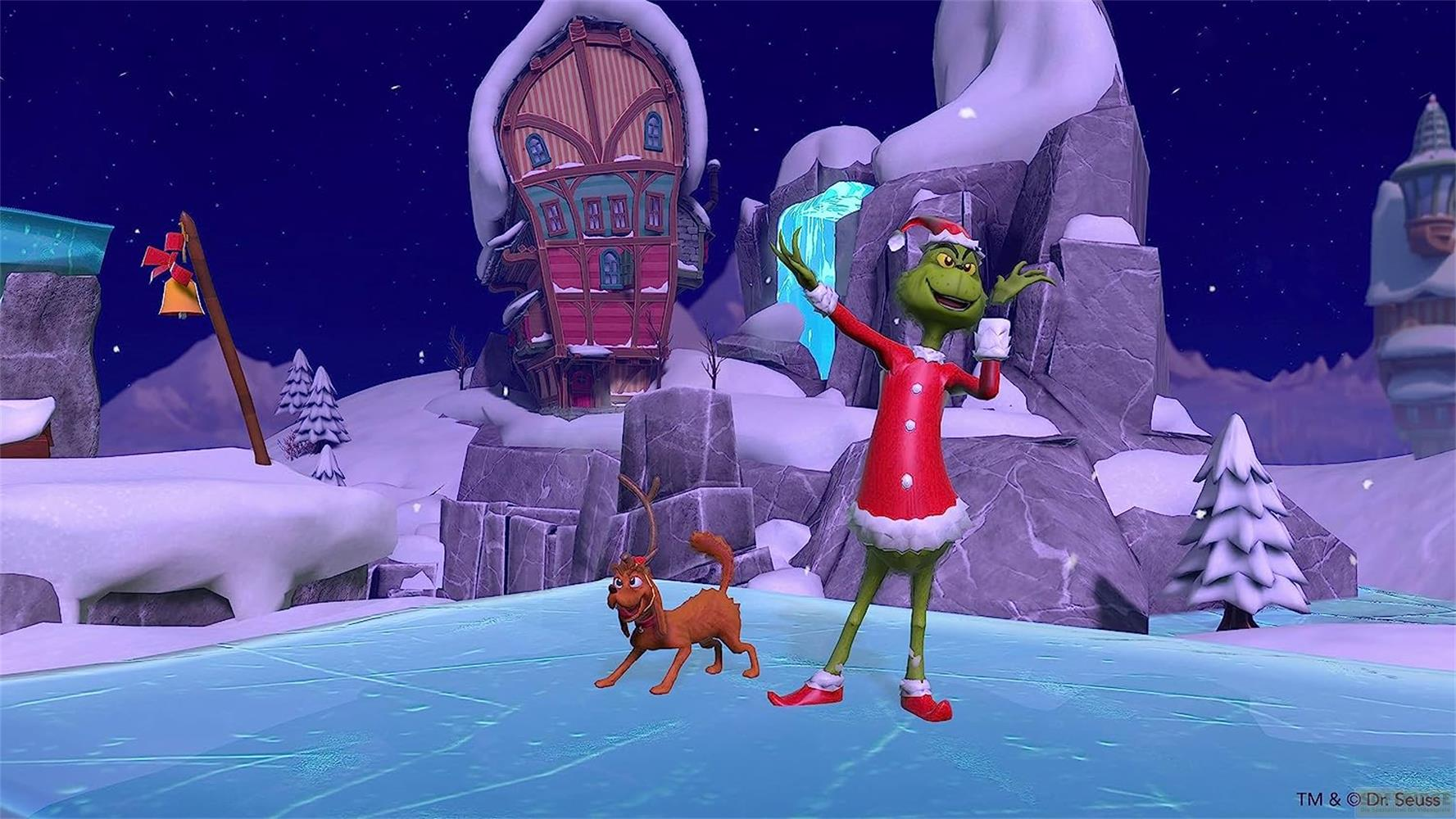 Le Grinch et Max se tiennent sur la glace devant une maison enneigée.